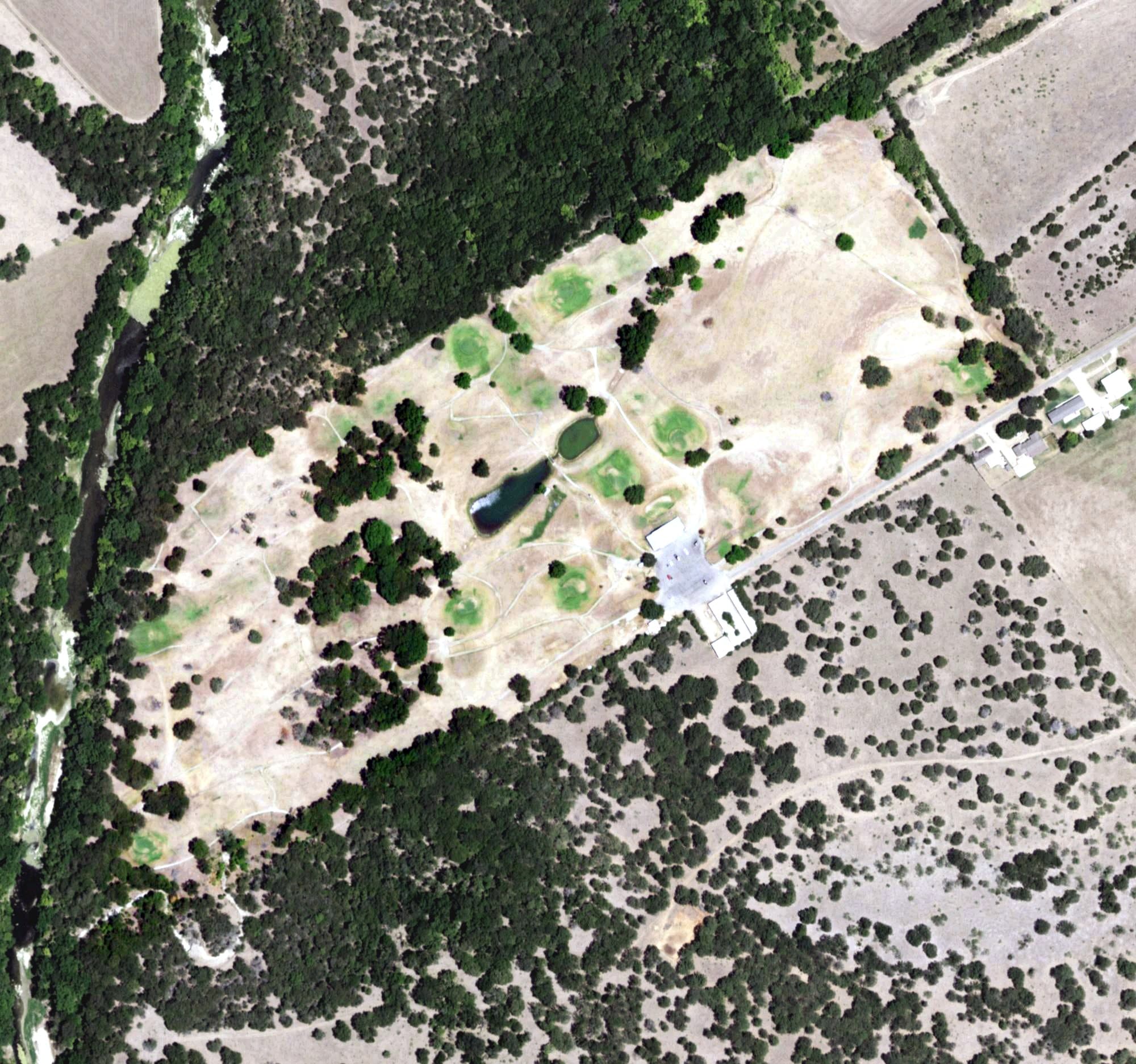 Aerial view of Bosque Valley Golf Course, TX, with its hole routing marked