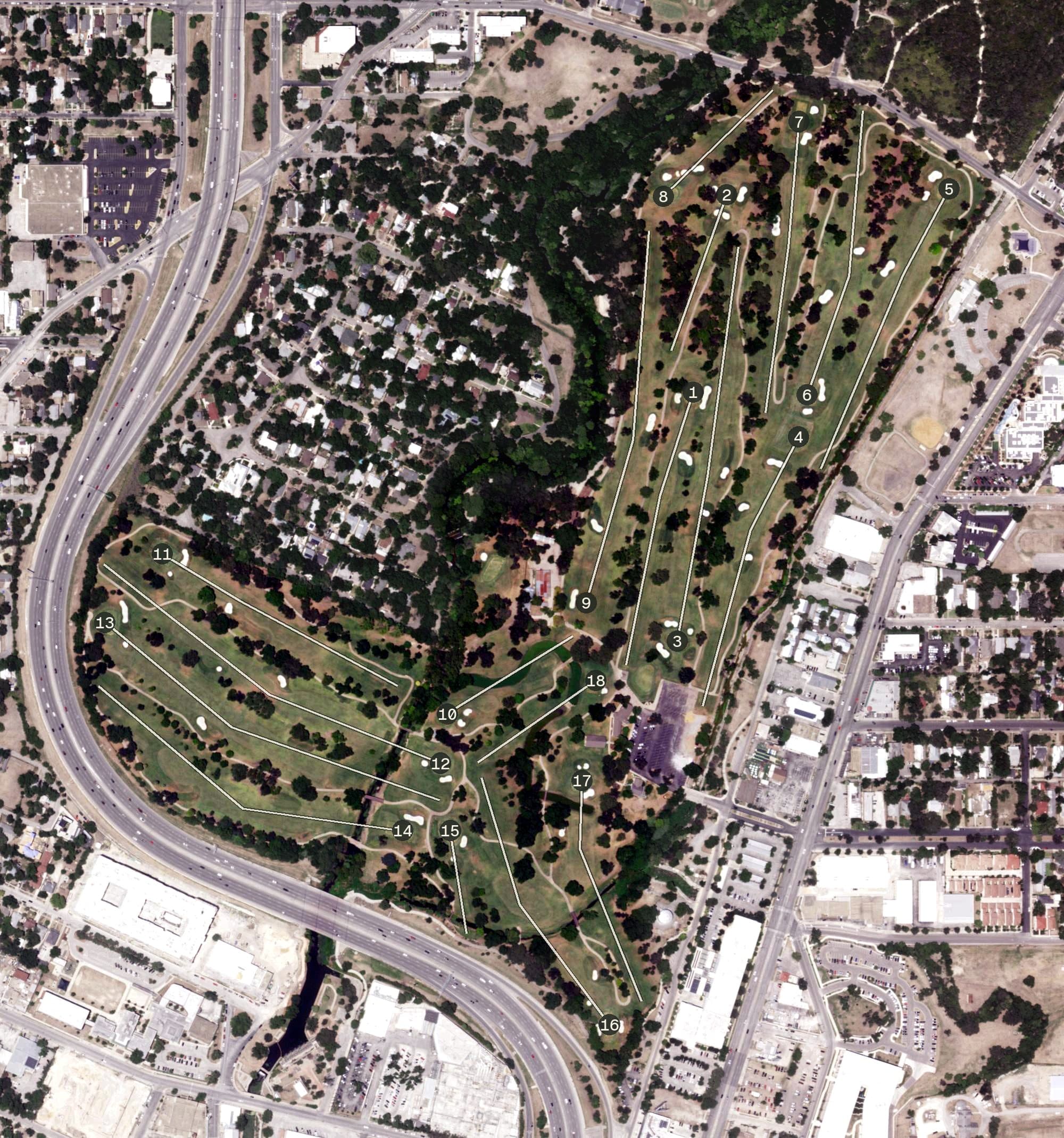 Aerial view of Brackenridge Golf Course, TX, with its hole routing marked