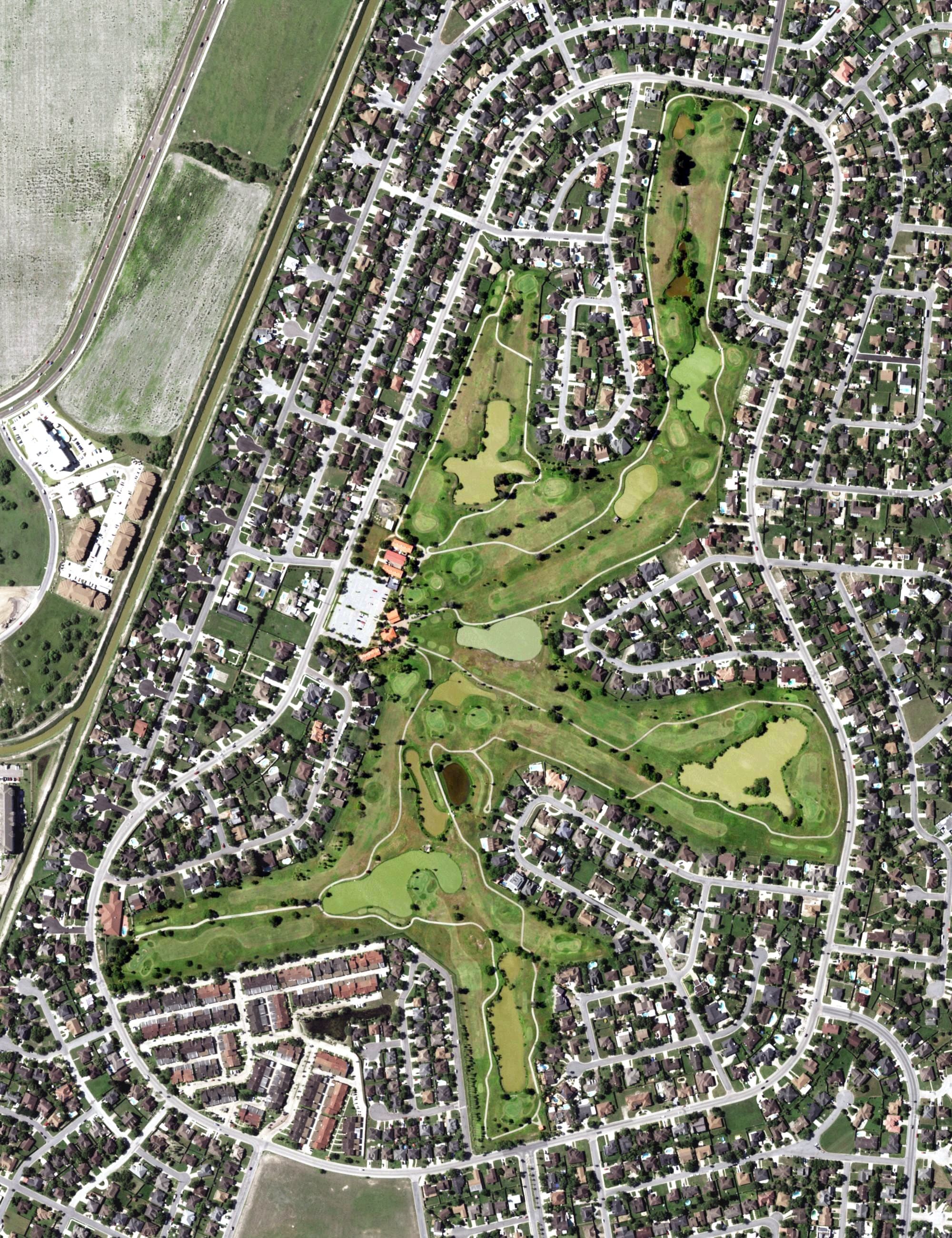 Aerial view of Brownsville Golf Center, TX, with its hole routing marked
