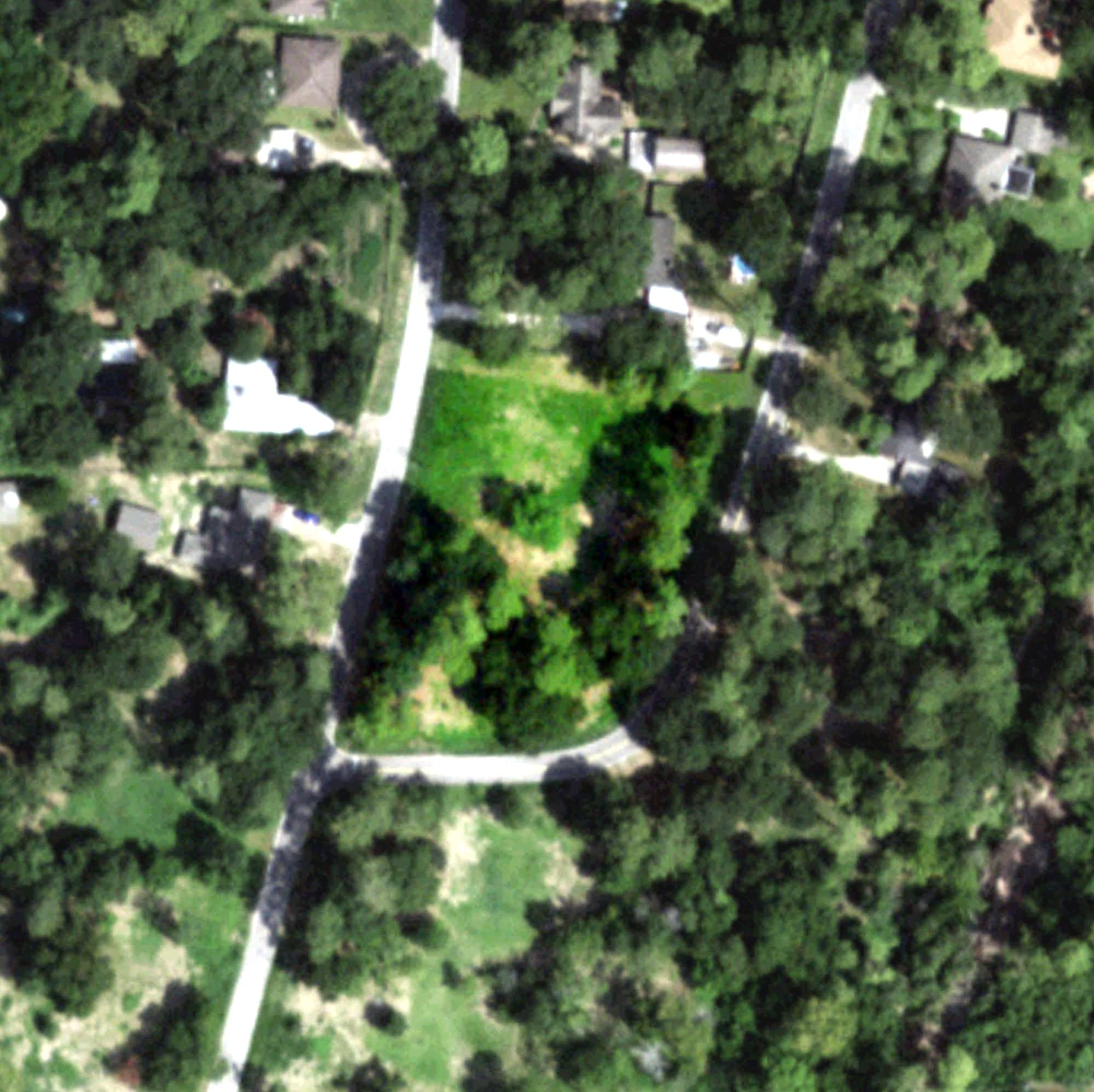 Aerial view of Burger Estates - Disc Golf Course, TX, with its hole routing marked