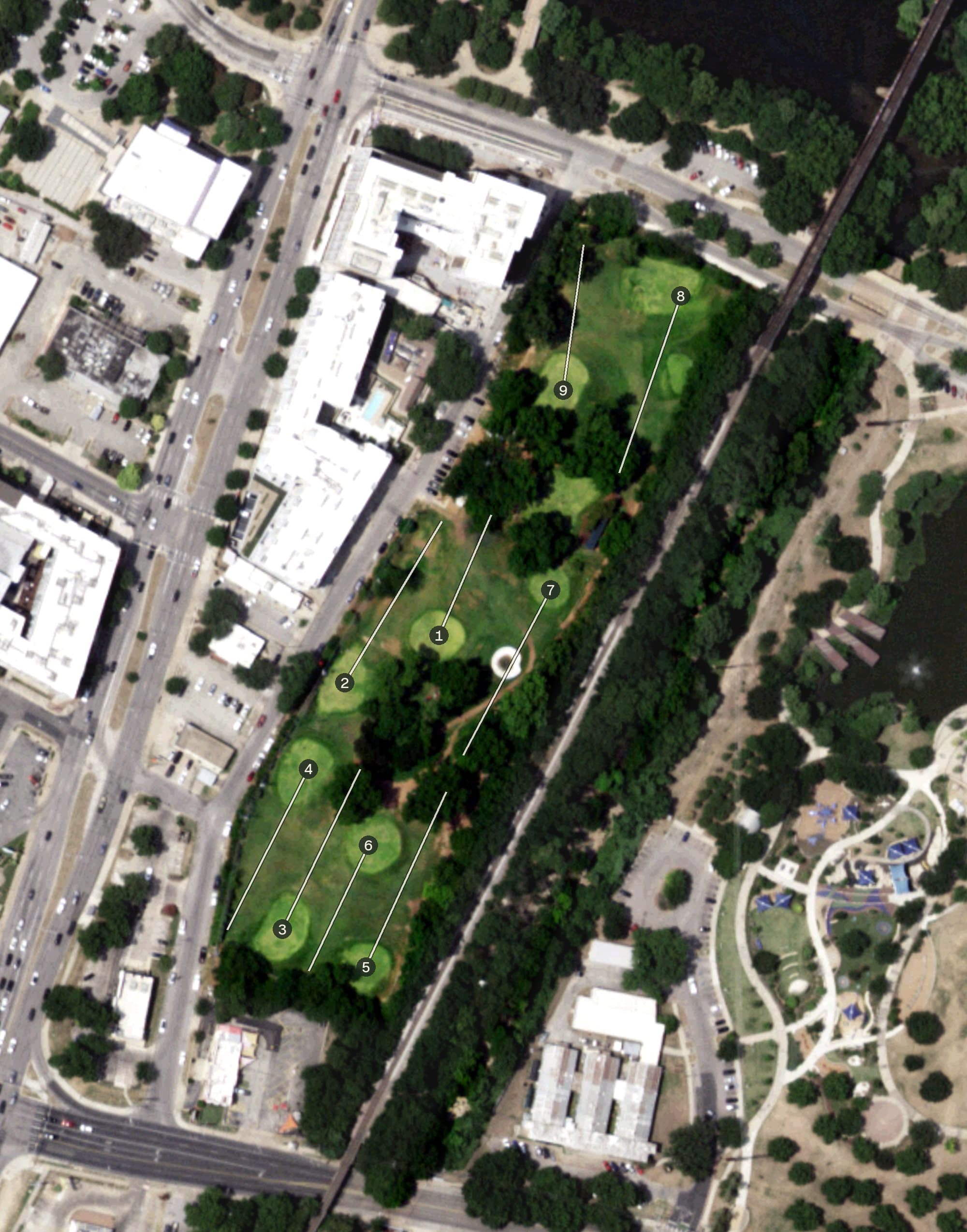 Aerial view of Butler Pitch & Putt, TX, with its hole routing marked