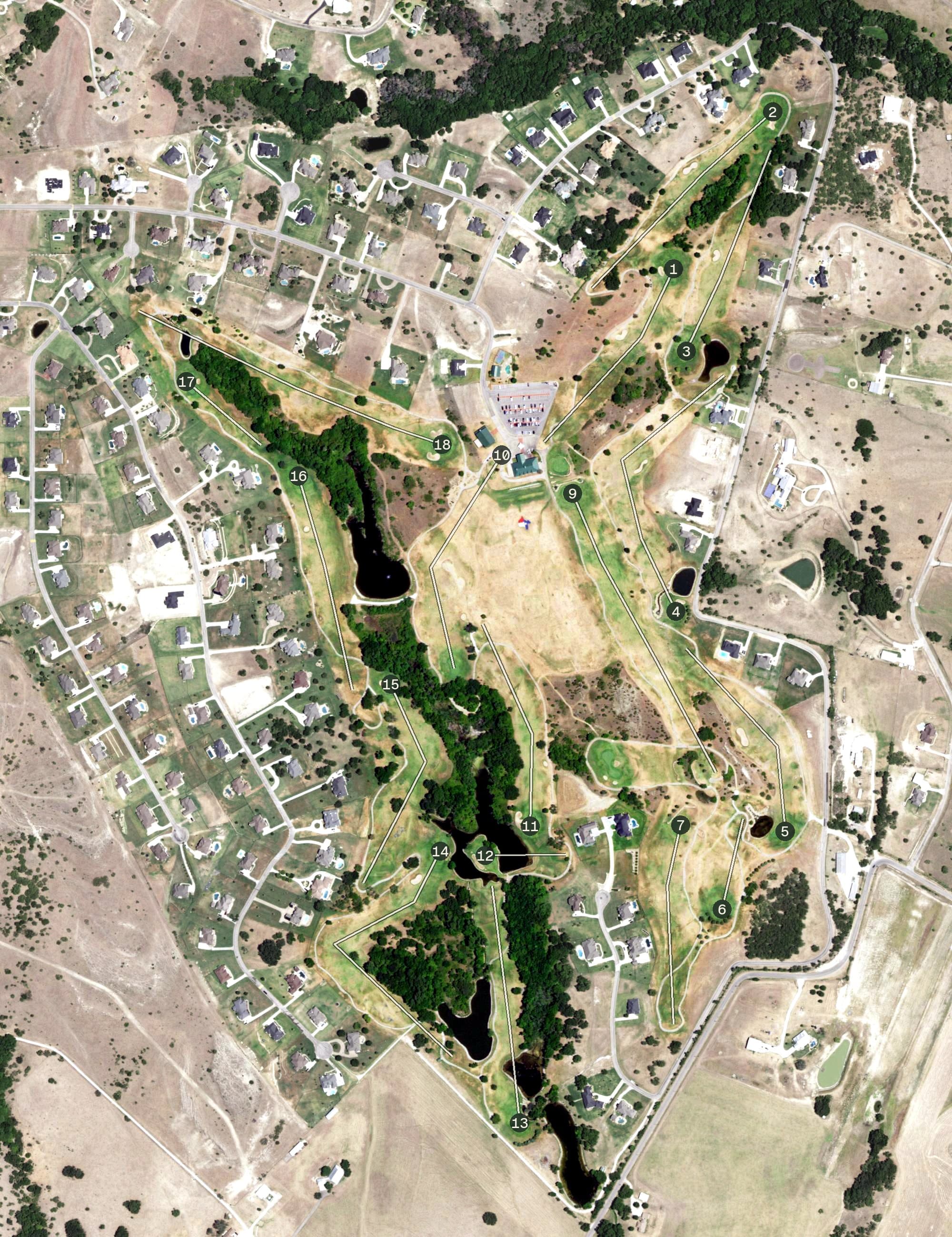Aerial view of Canyon West Golf Course, TX, with its hole routing marked