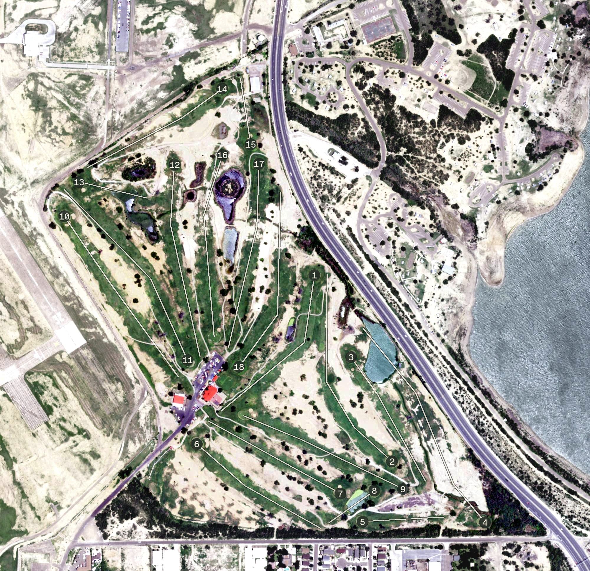 Aerial view of Casa Balnca Golf Course, TX, with its hole routing marked