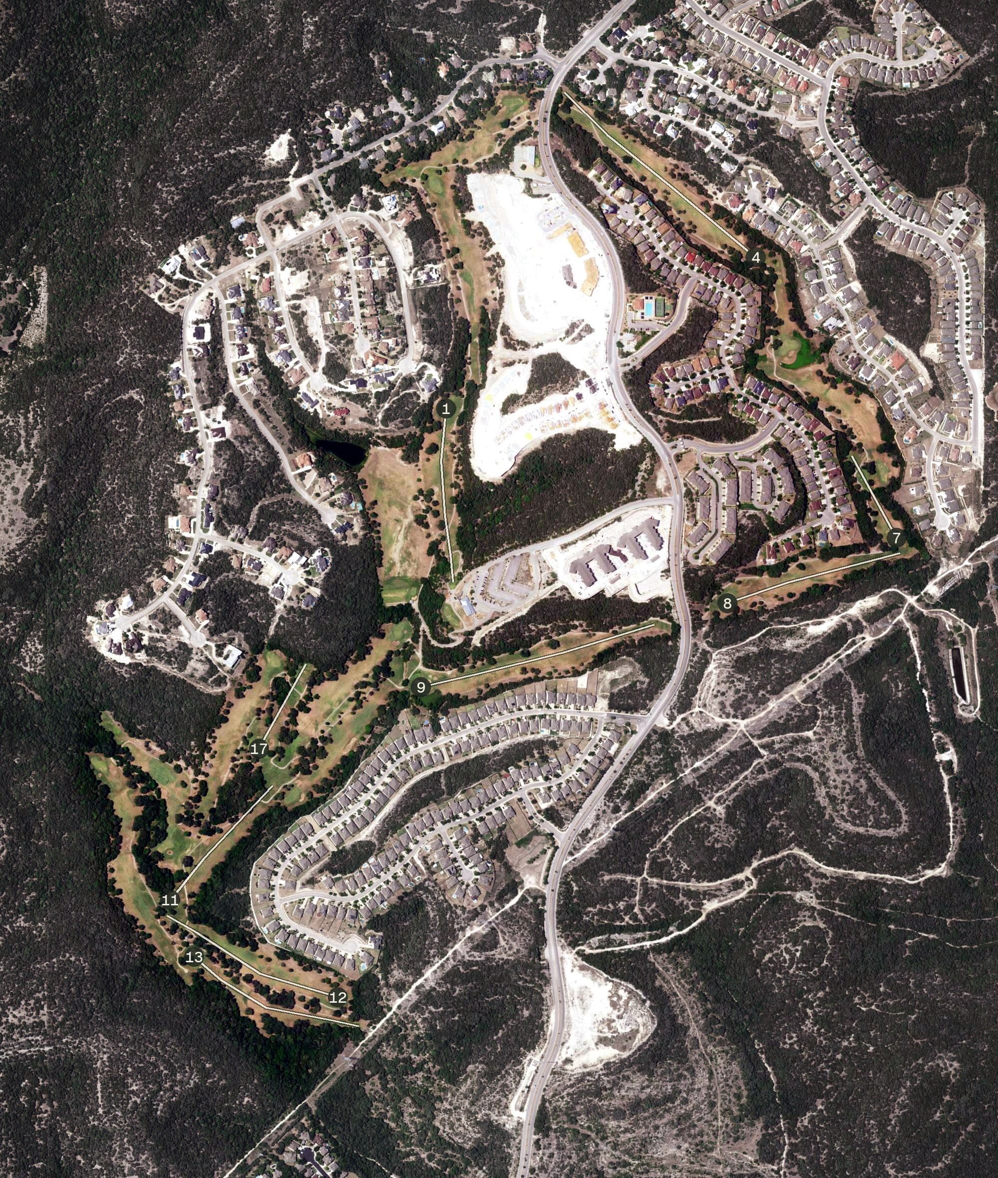 Aerial view of Cedar Creek Golf Course, TX, with its hole routing marked