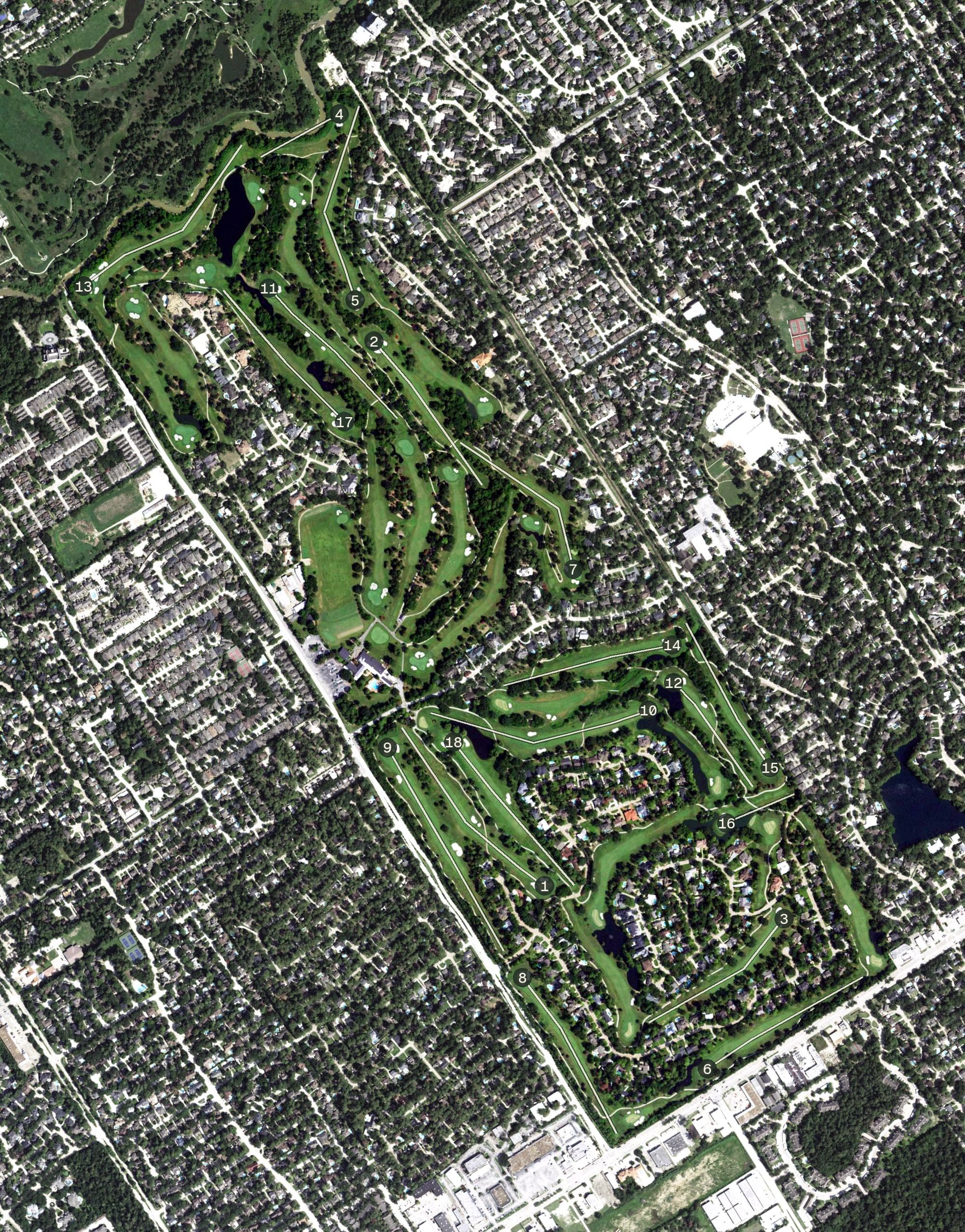 Aerial view of Champions Golf Club, TX, with its hole routing marked