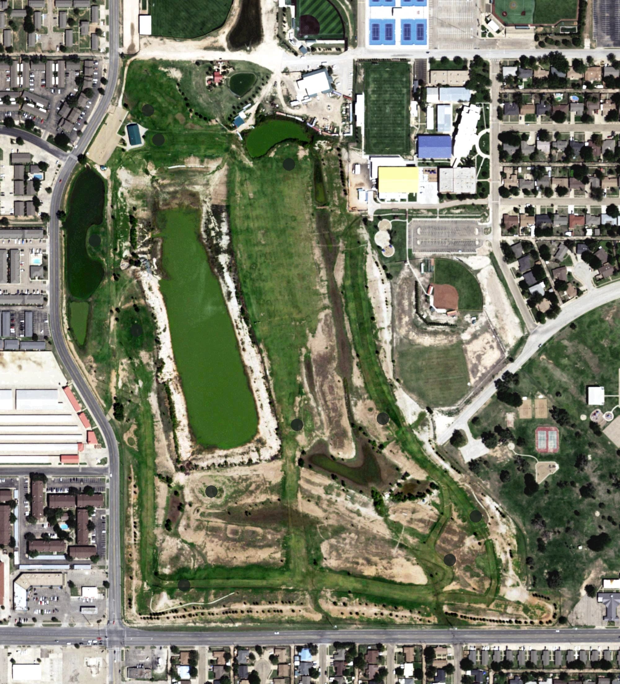 Aerial view of Chaparral Ridge Golf Course, TX, with its hole routing marked