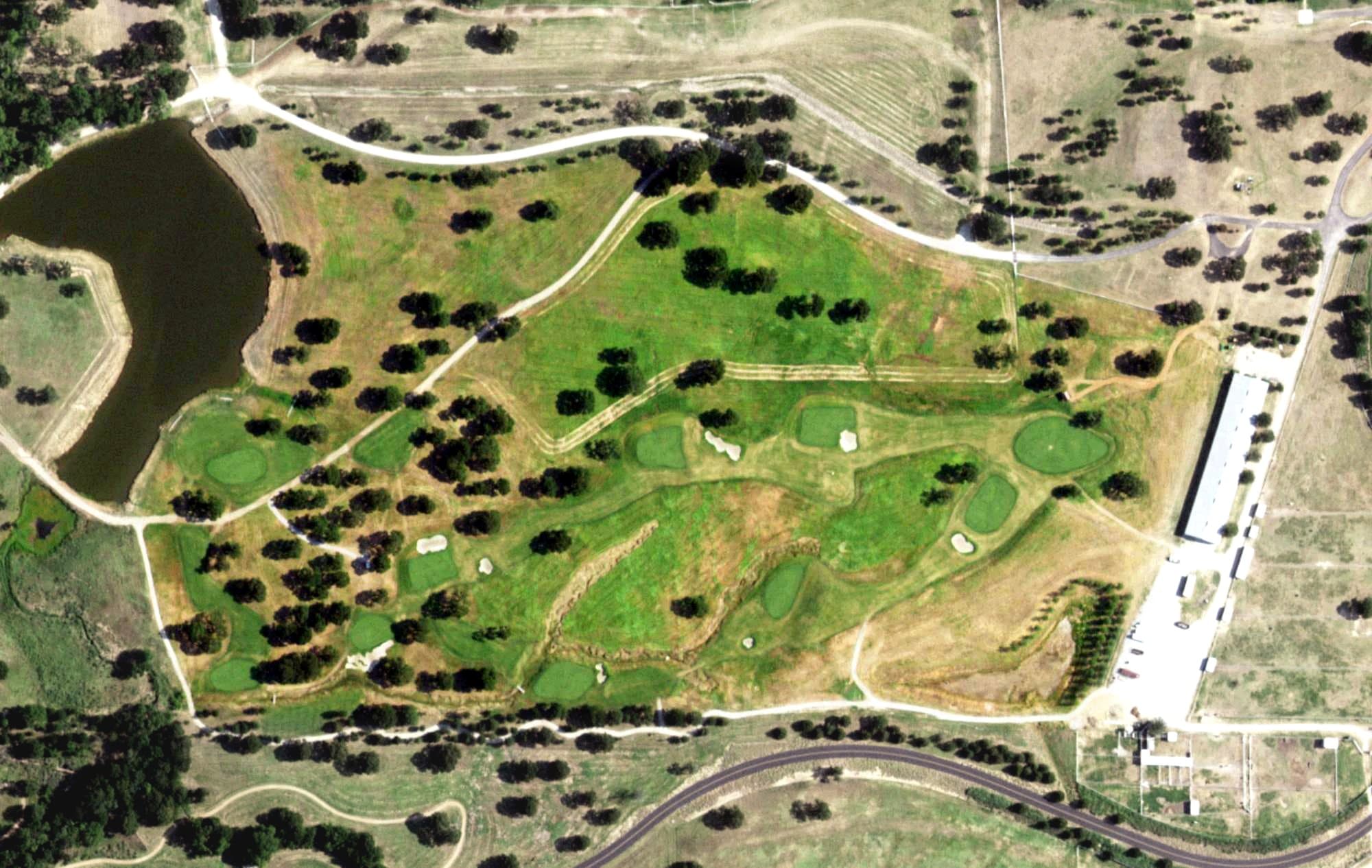 Aerial view of Cirlce T Golf Course, TX, with its hole routing marked