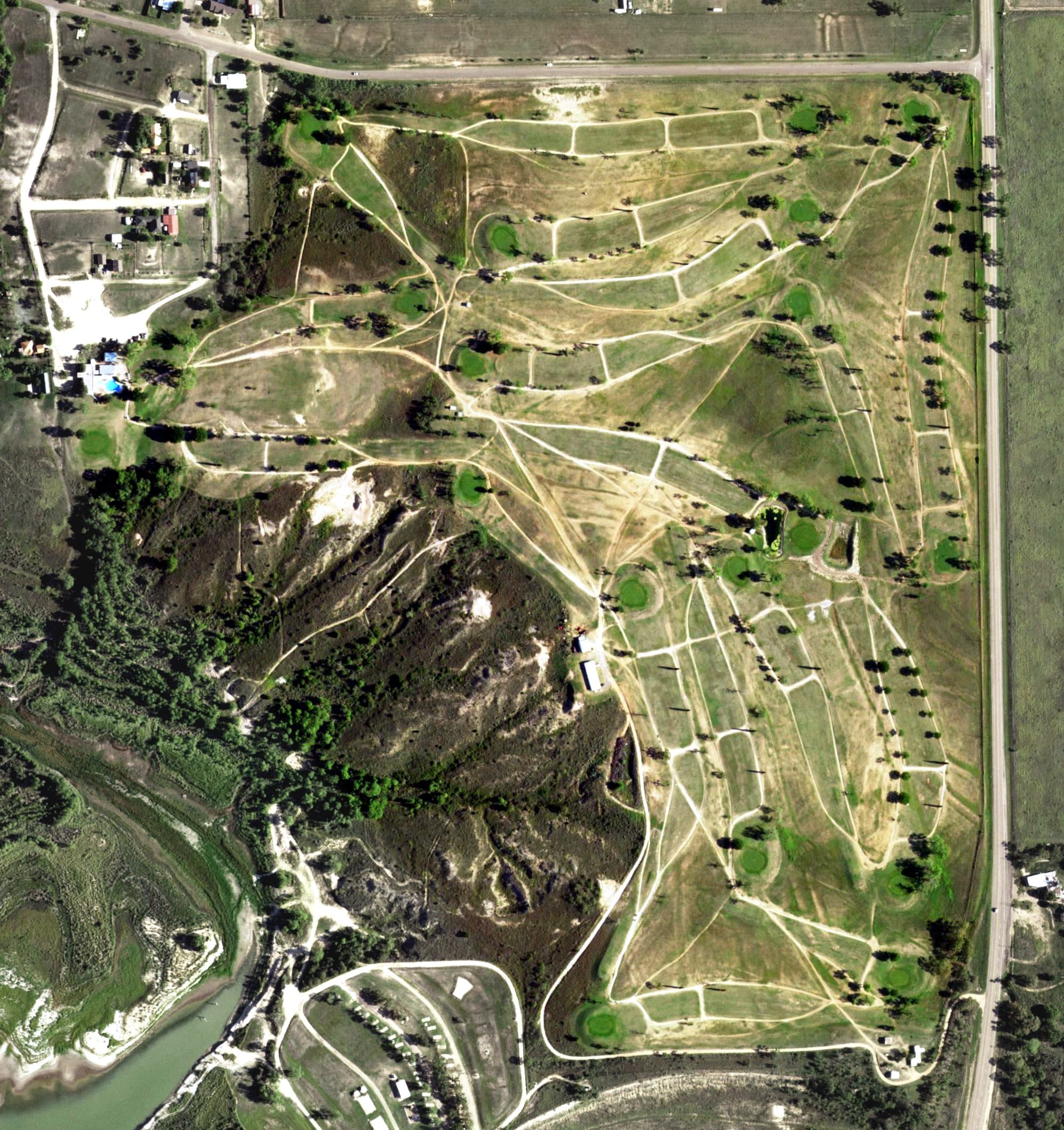 Aerial view of Clarendon Country Club, TX, with its hole routing marked