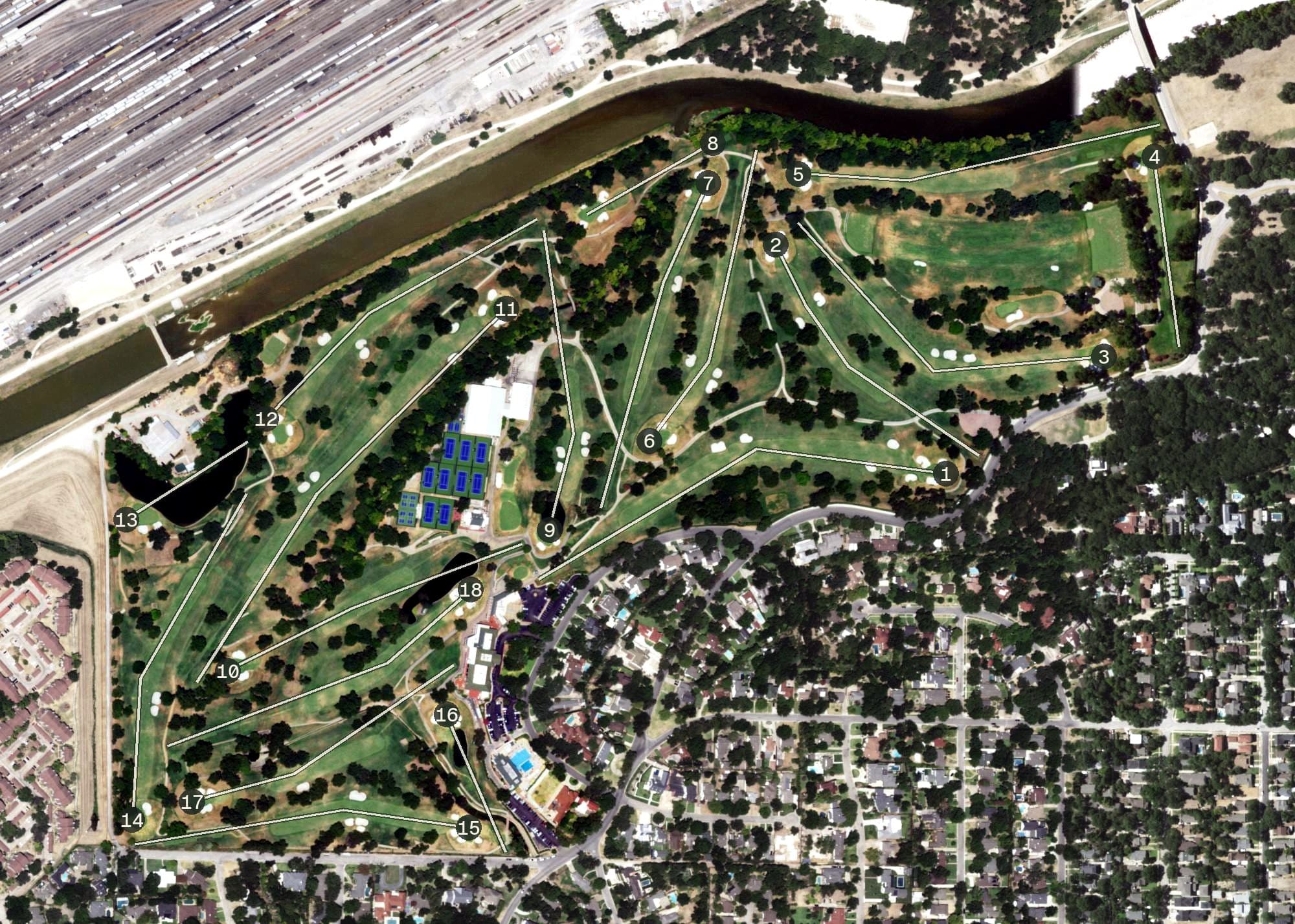 Aerial view of Colonial Country Club, TX, with its hole routing marked