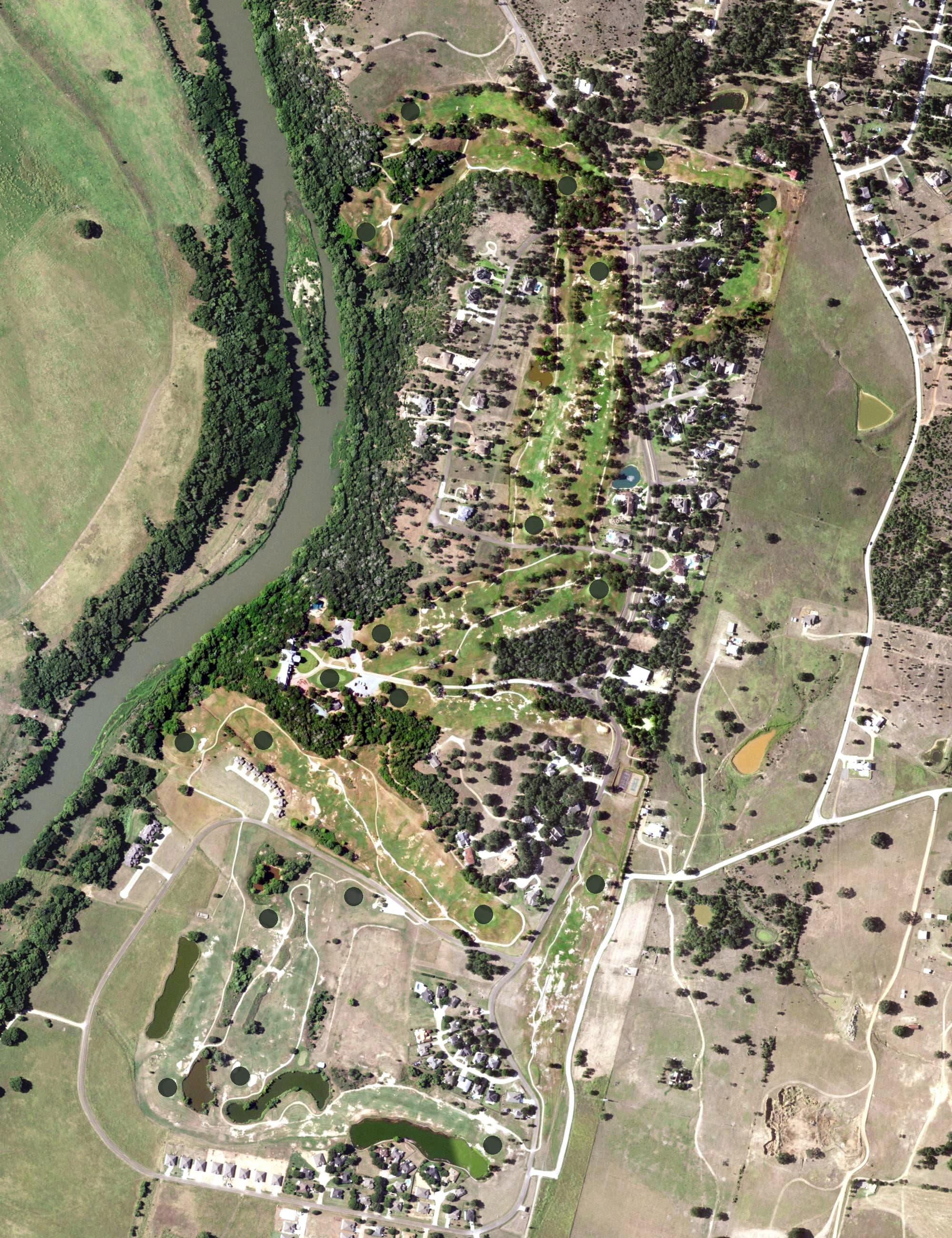 Aerial view of ColoVista Golf Club, TX, with its hole routing marked