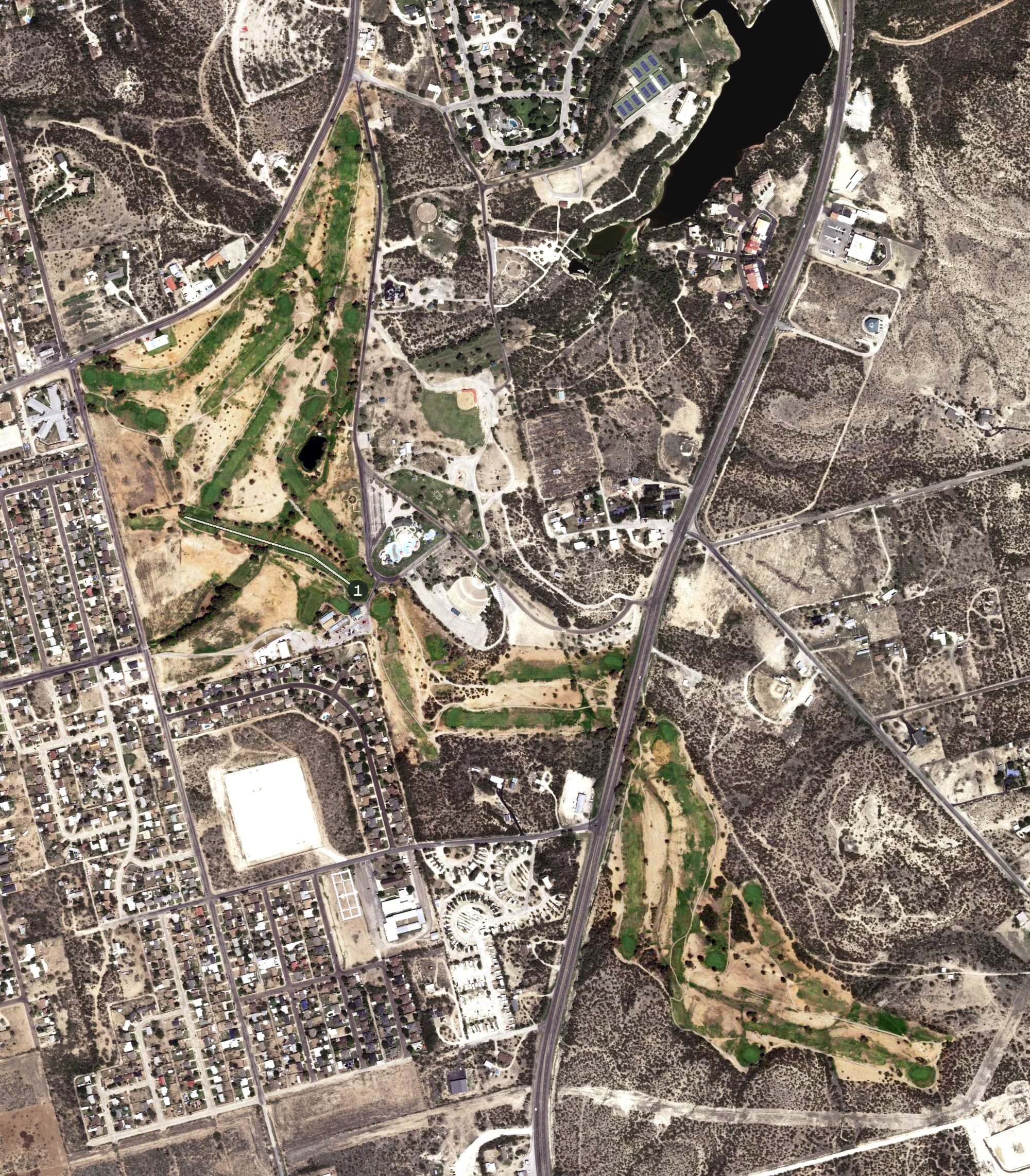 Aerial view of Comanche Trail Municipal Golf Course, TX, with its hole routing marked