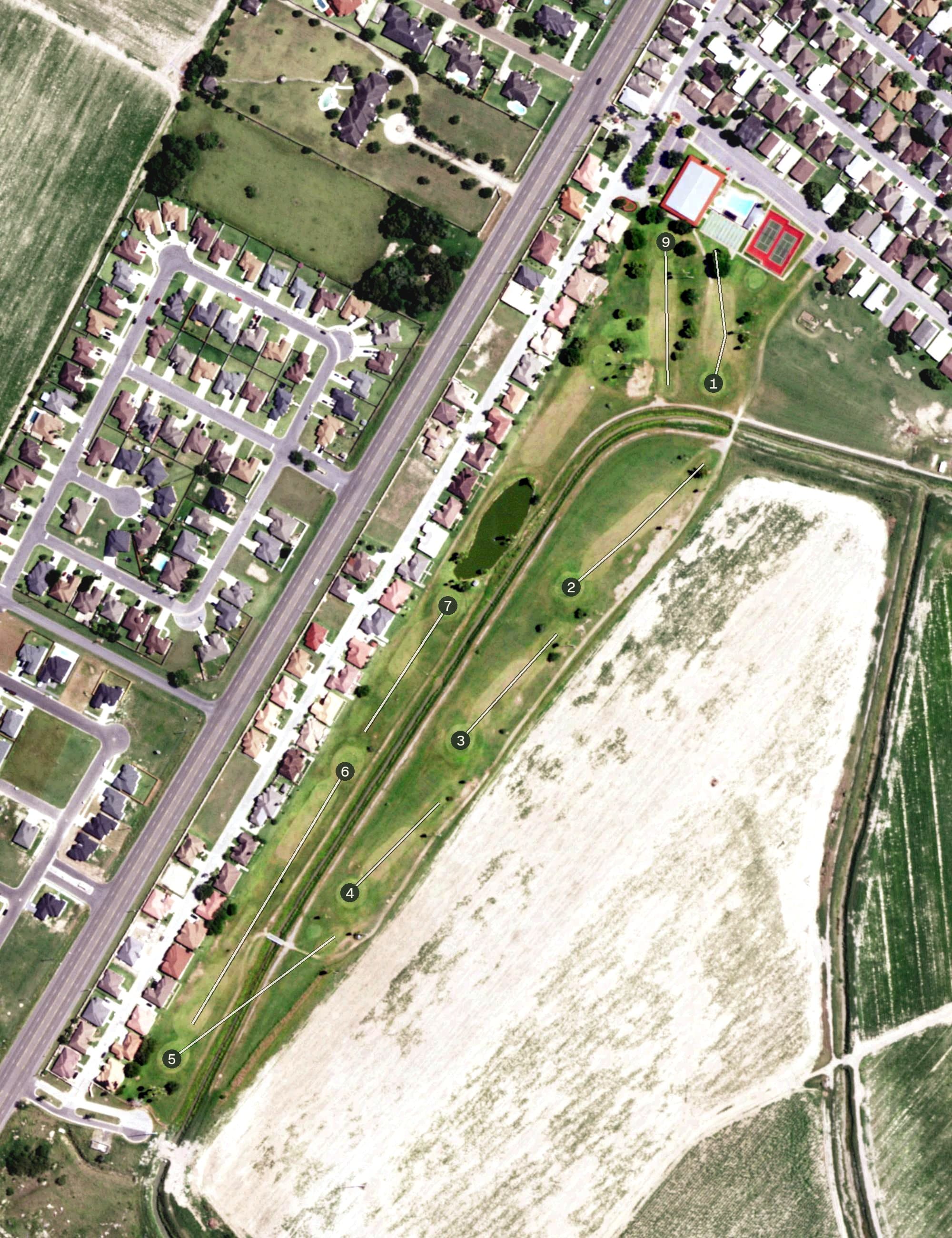 Aerial view of Cottonwood Creek Country Club, TX, with its hole routing marked