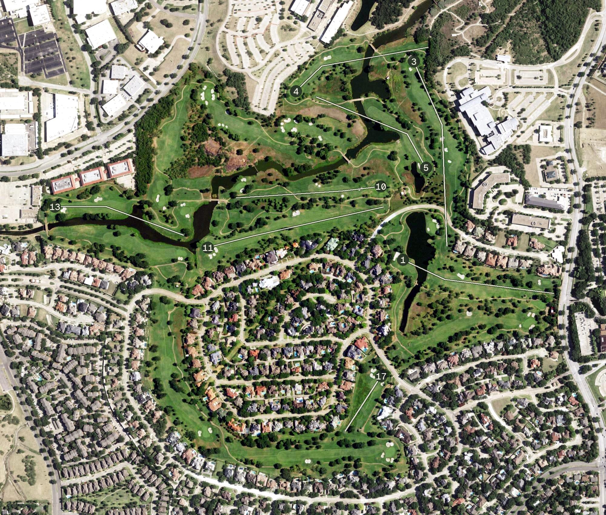 Aerial view of Cottonwood Valley Golf Course, TX, with its hole routing marked