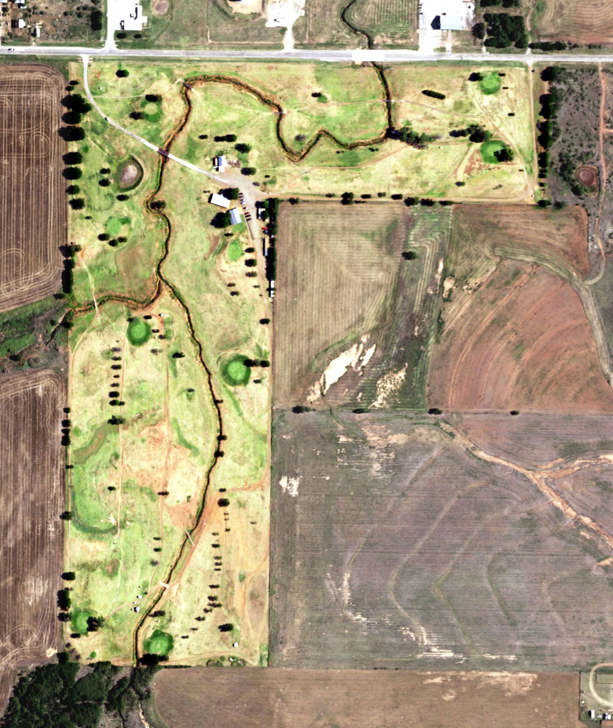 Aerial view of Crooked Creek Golf Course, TX, with its hole routing marked