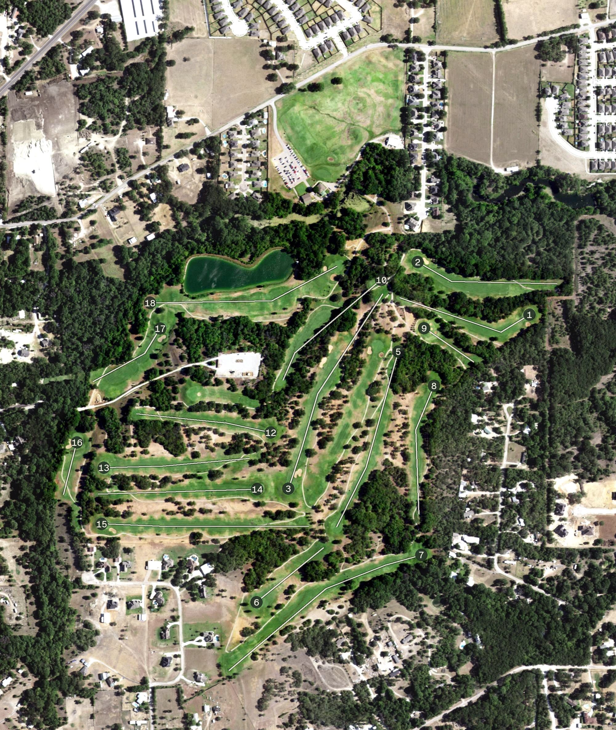 Aerial view of Cross Timbers Golf Course, TX, with its hole routing marked