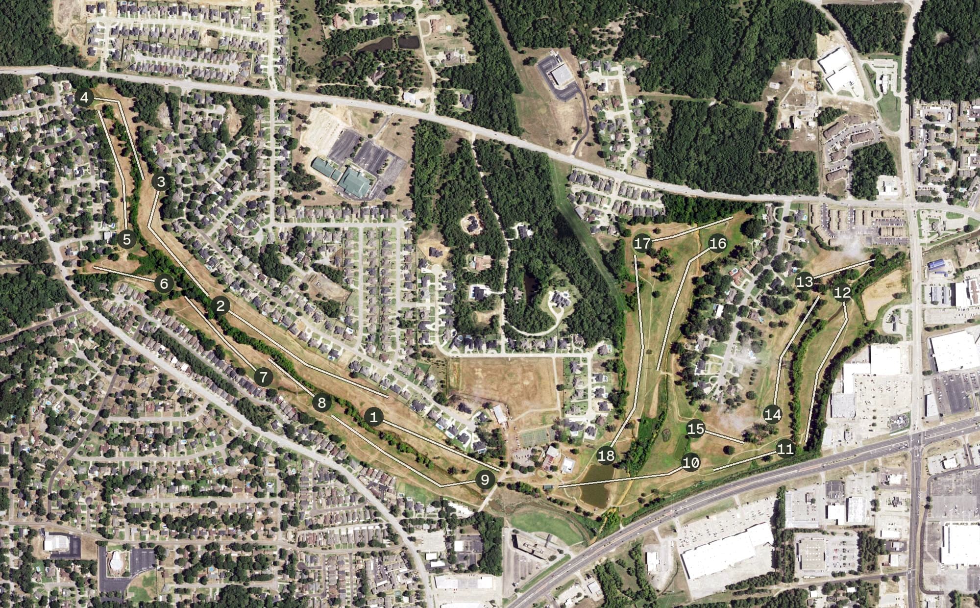 Aerial view of Crossing Creeks Country Club, TX, with its hole routing marked