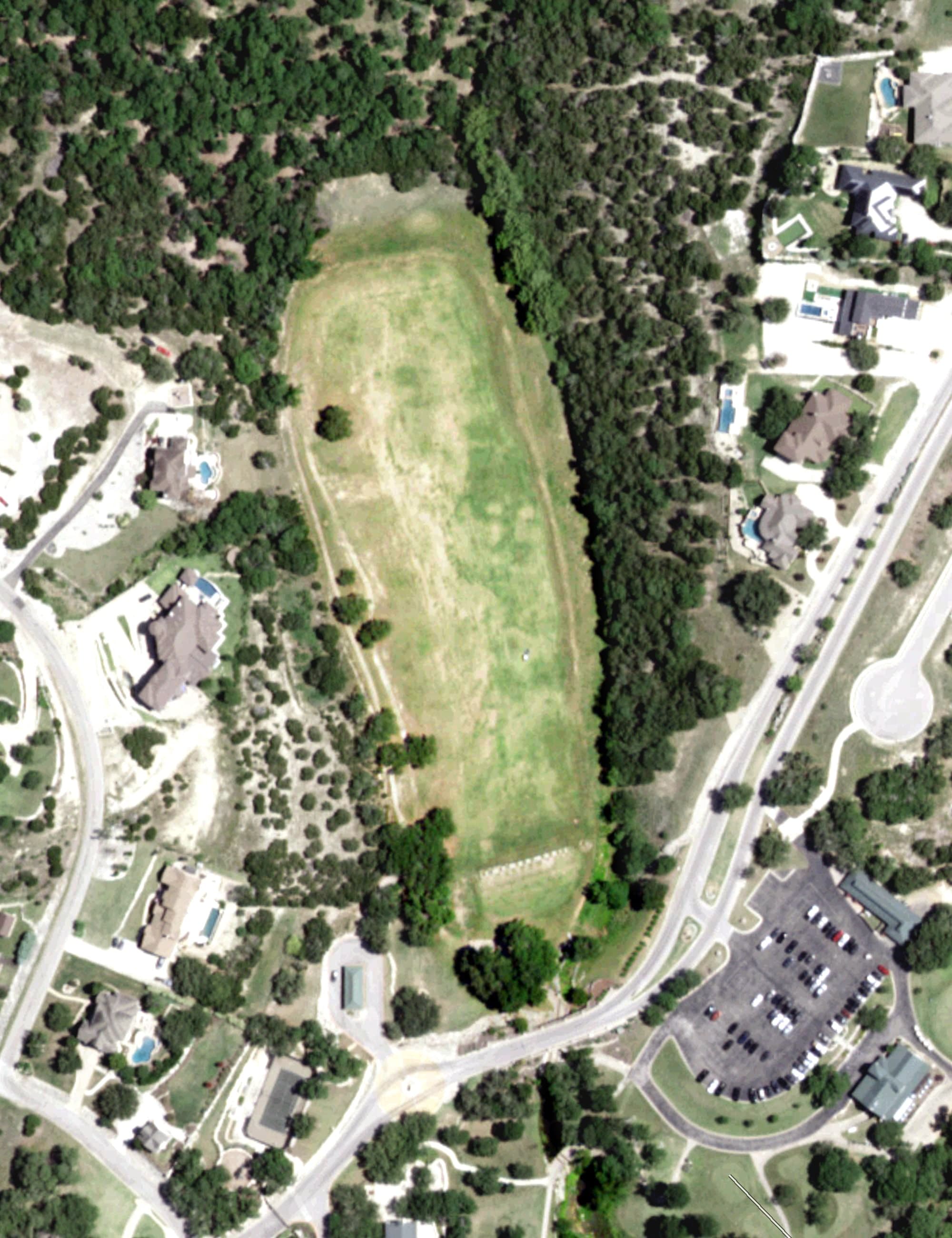 Aerial view of Crystal Falls Golf Course, TX, with its hole routing marked