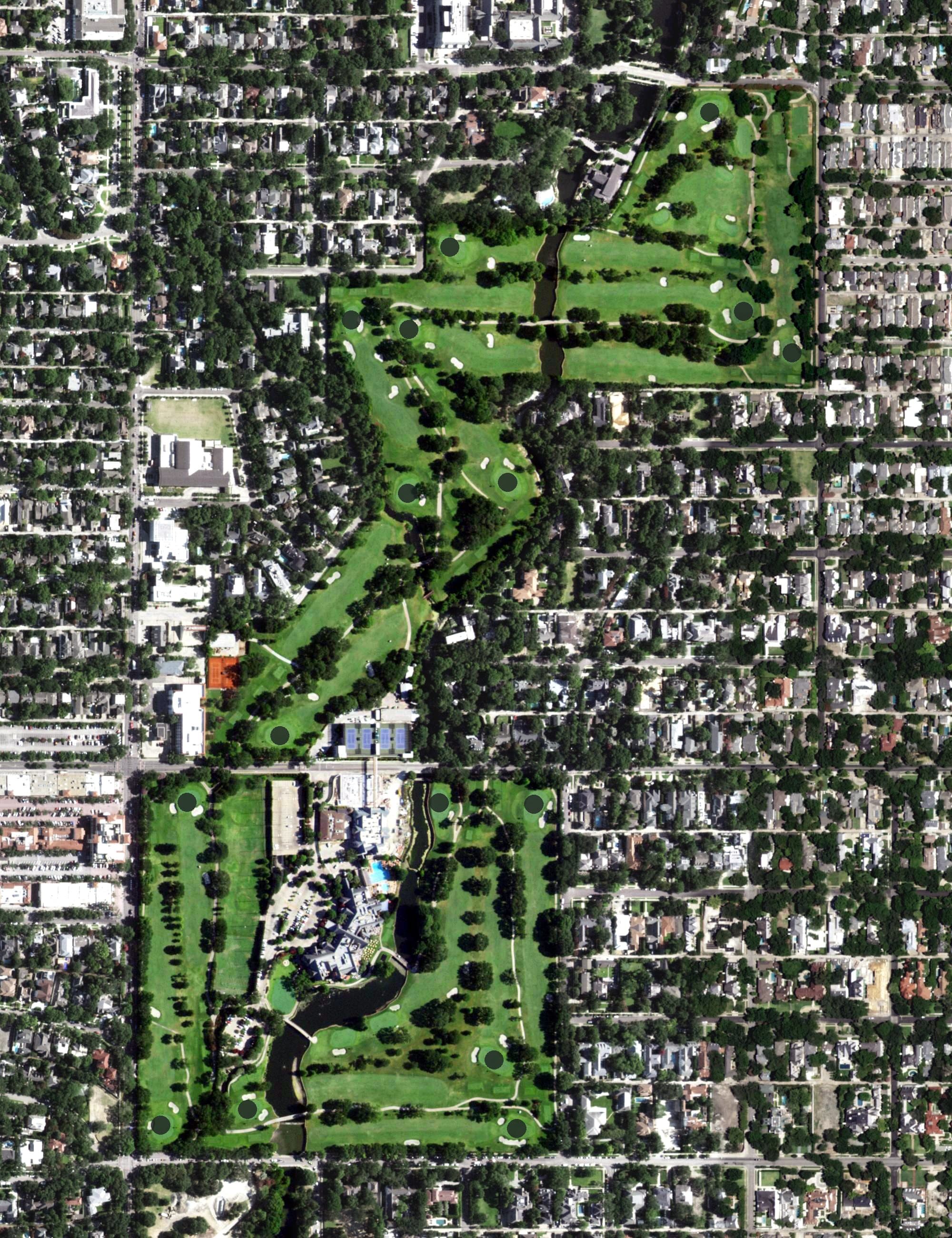 Aerial view of Dallas Country Club, TX, with its hole routing marked