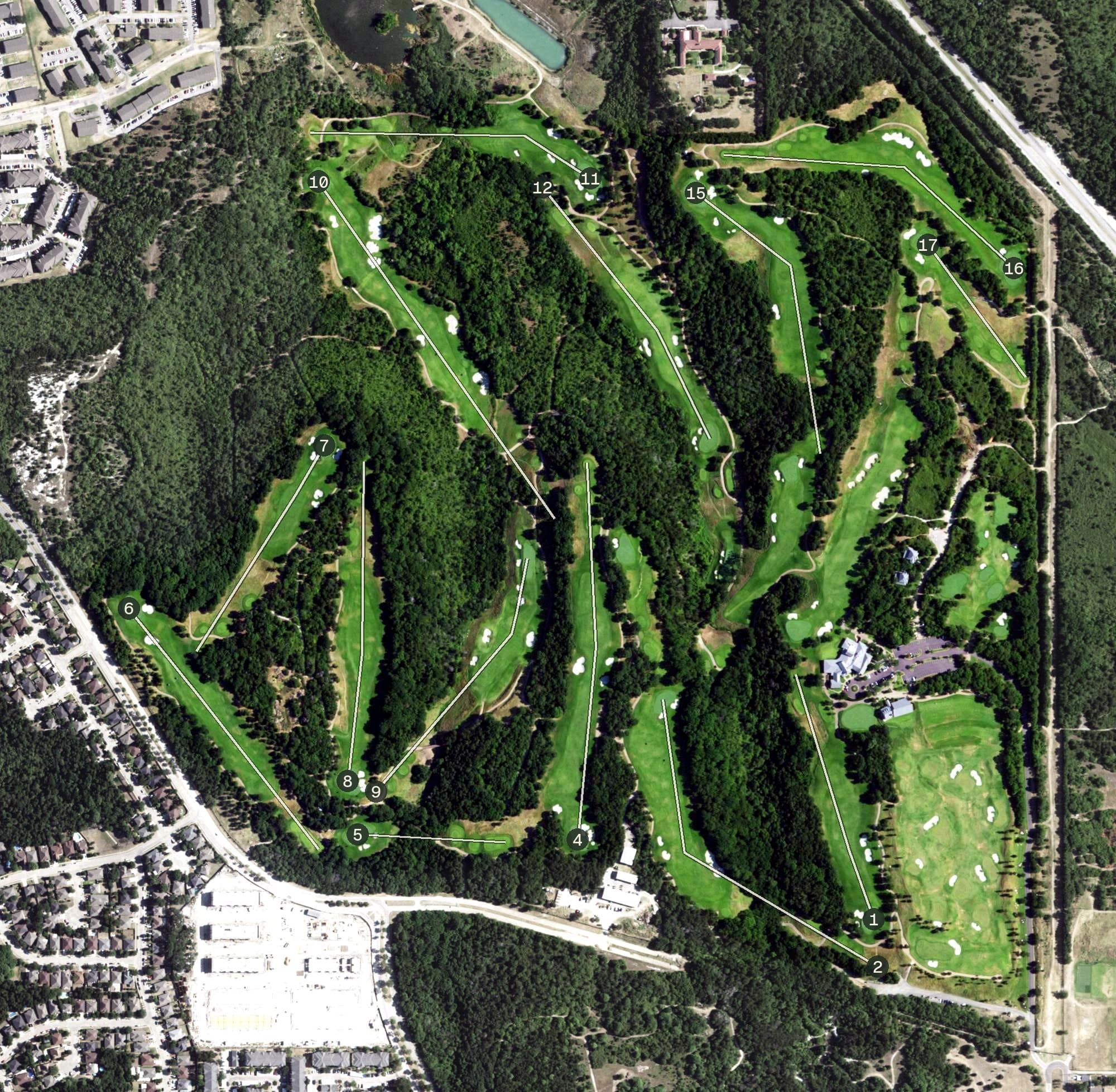 Aerial view of Dallas National Golf Club, TX, with its hole routing marked