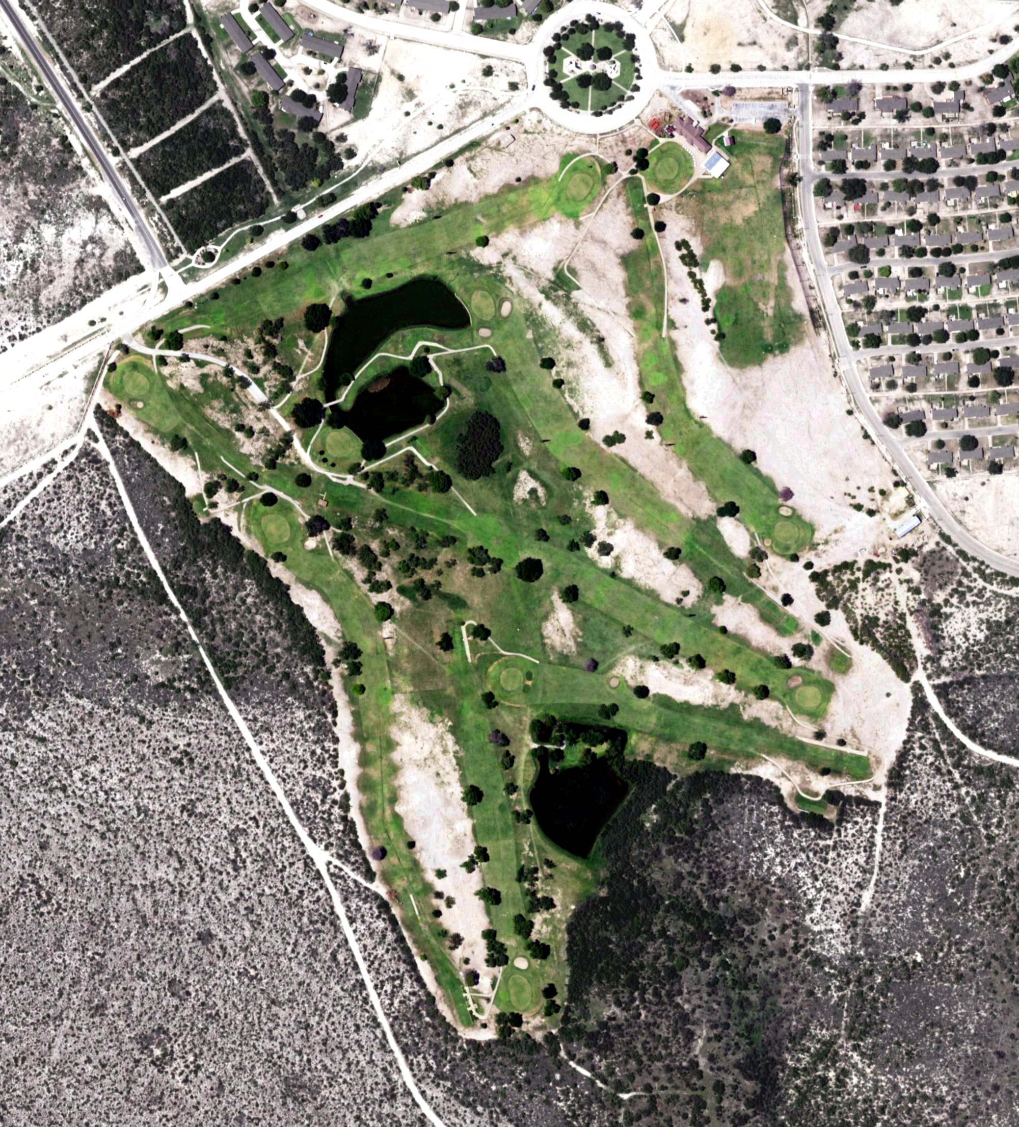 Aerial view of Desert Oaks Golf Course, TX, with its hole routing marked