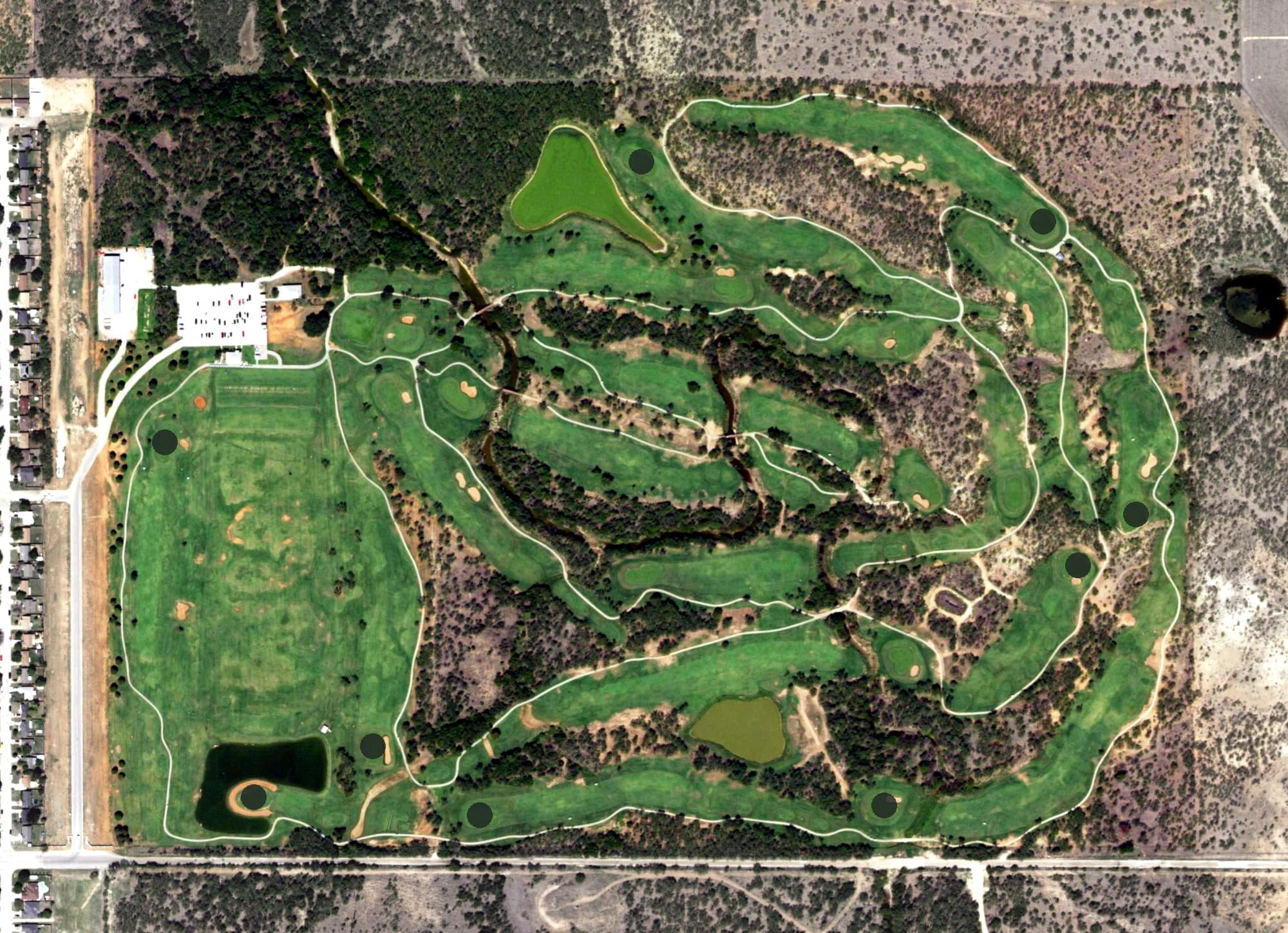 Aerial view of Diamondback Golf Club, TX, with its hole routing marked