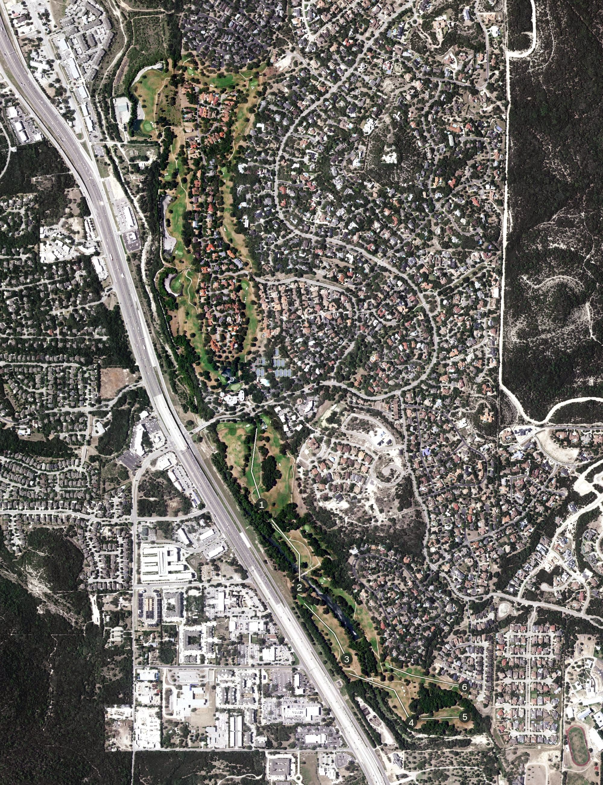 Aerial view of Dominion Country Club, TX, with its hole routing marked