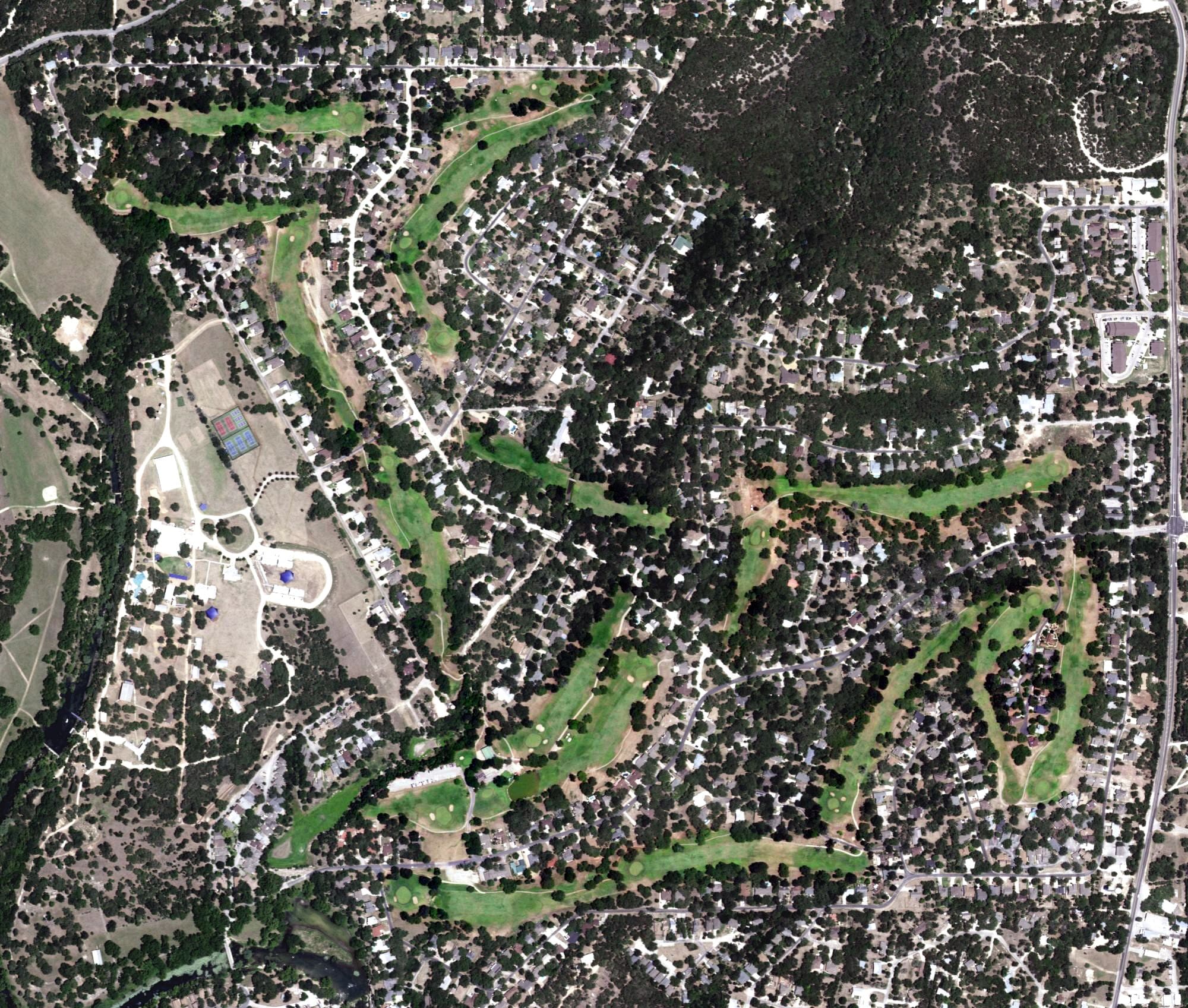 Aerial view of Double J Ranch Golf Club, TX, with its hole routing marked