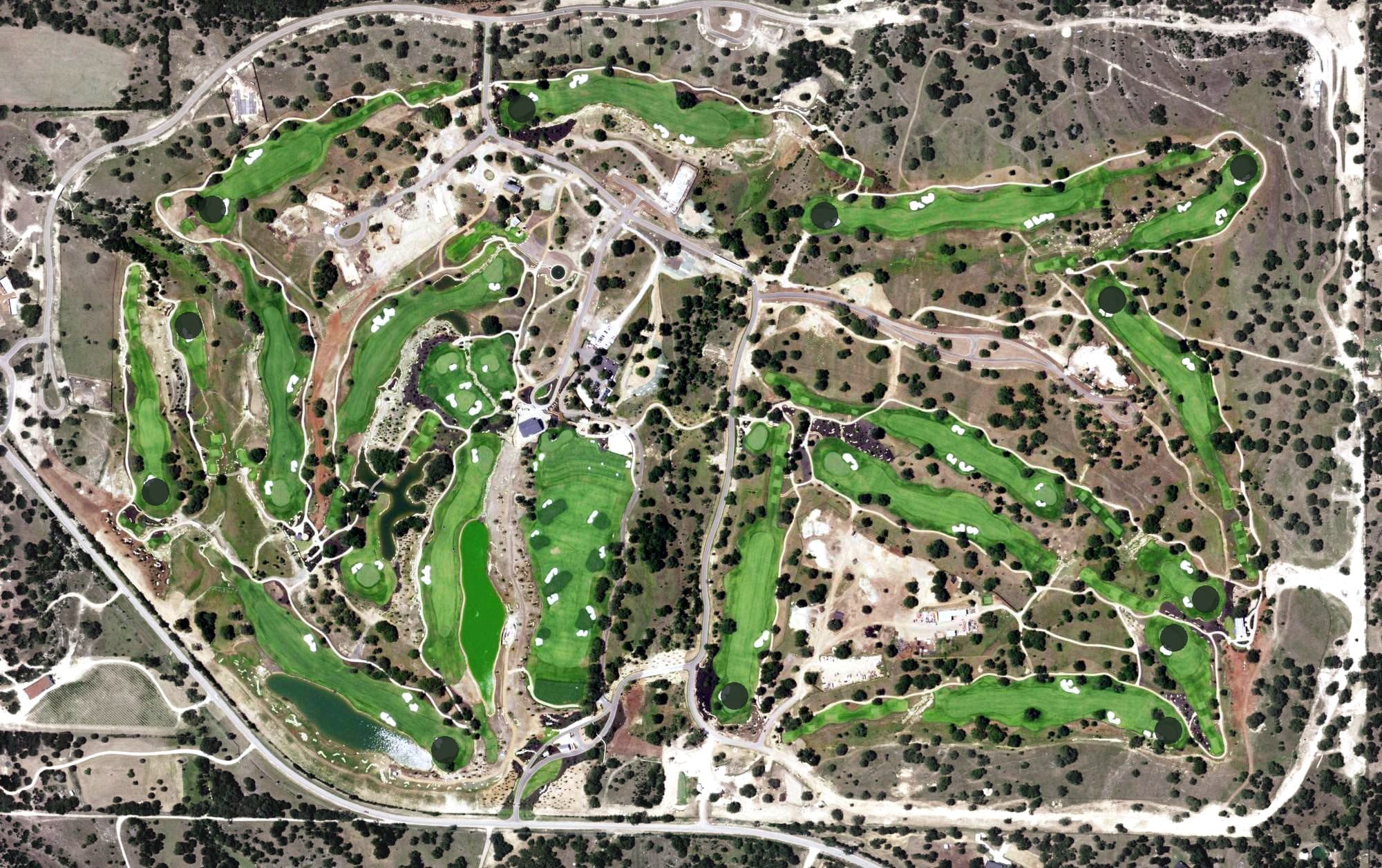 Aerial view of Driftwood Golf Course, TX, with its hole routing marked