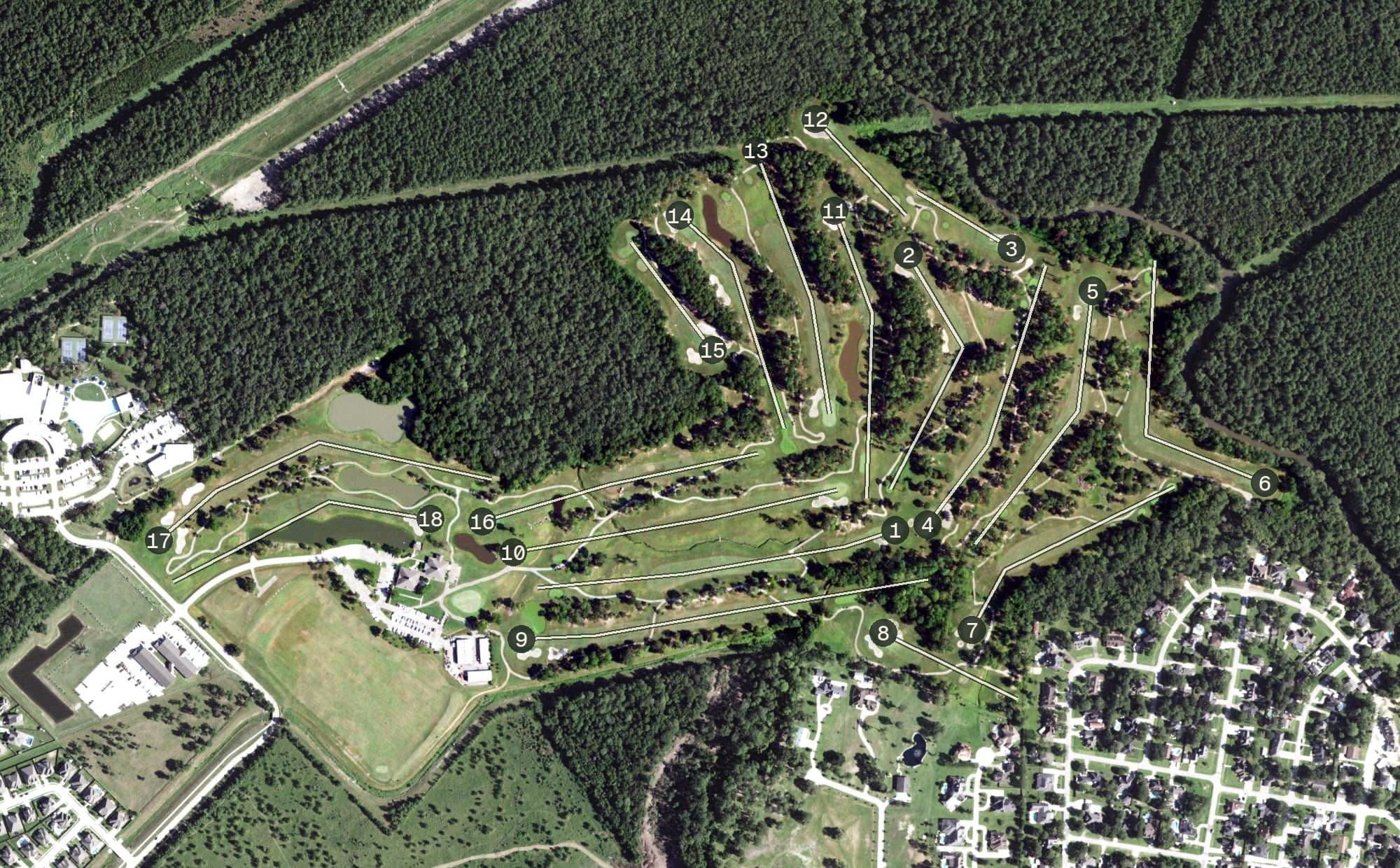 Aerial view of Eagle Pointe Golf Club, TX, with its hole routing marked