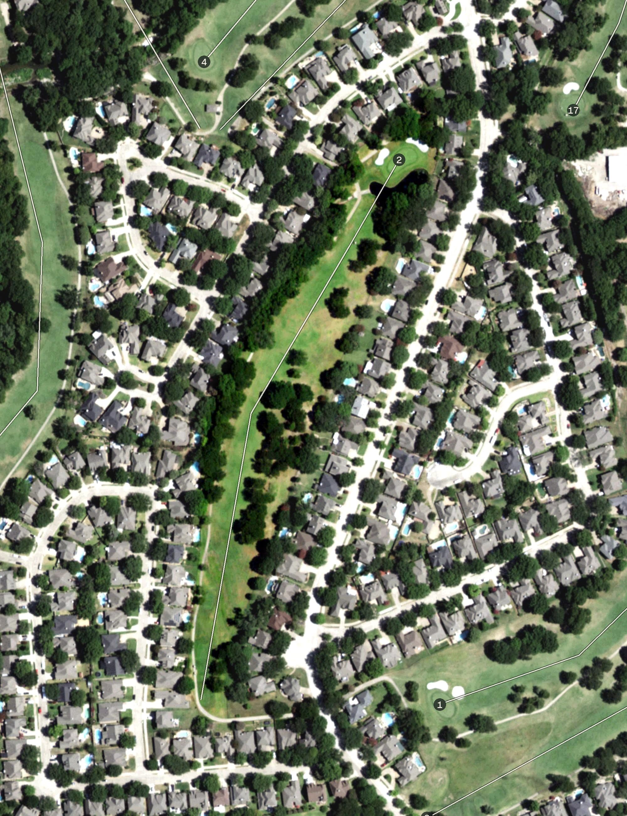 Aerial view of Eldorado Country Club, TX, with its hole routing marked