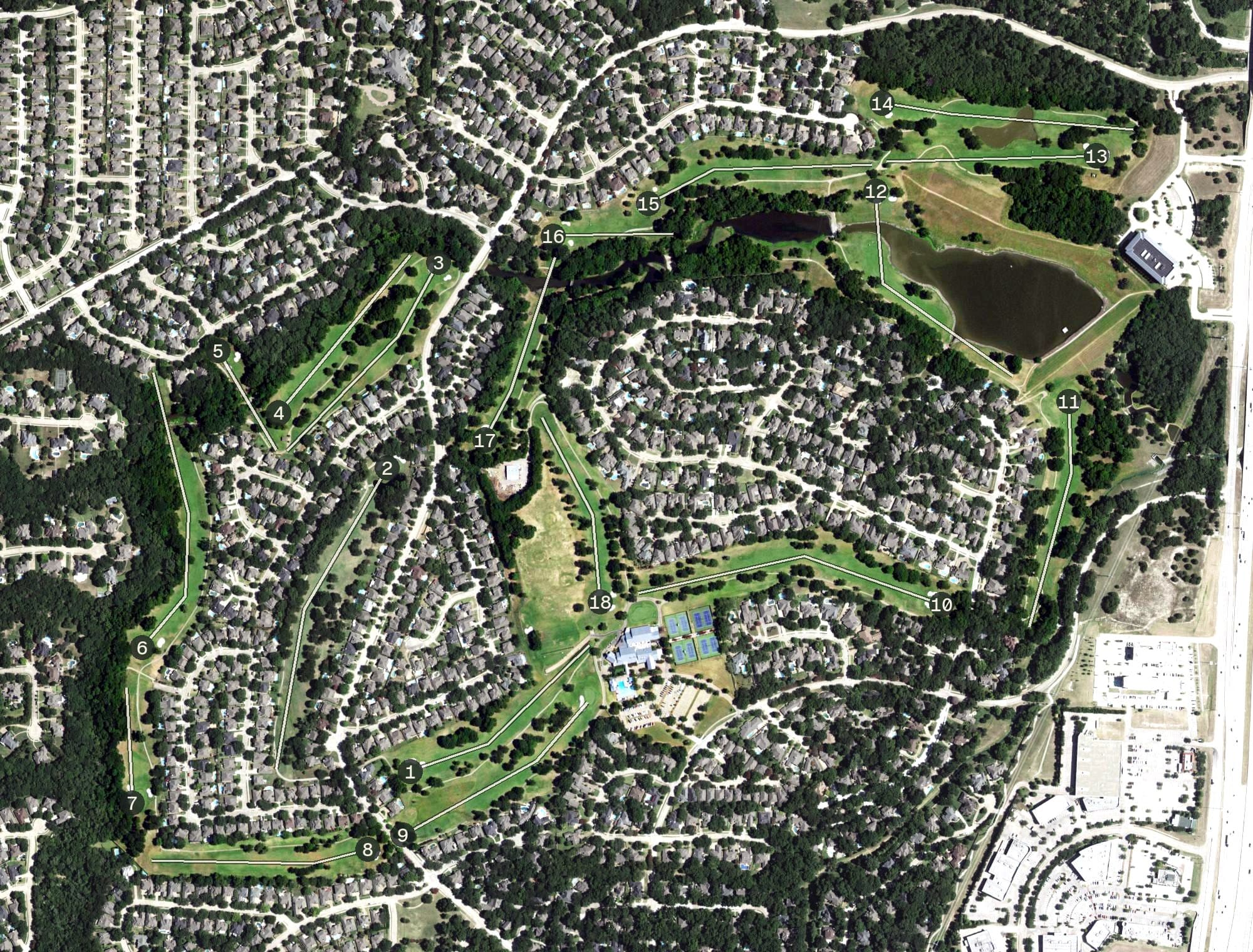 Aerial view of Eldorado Country Club, TX, with its hole routing marked