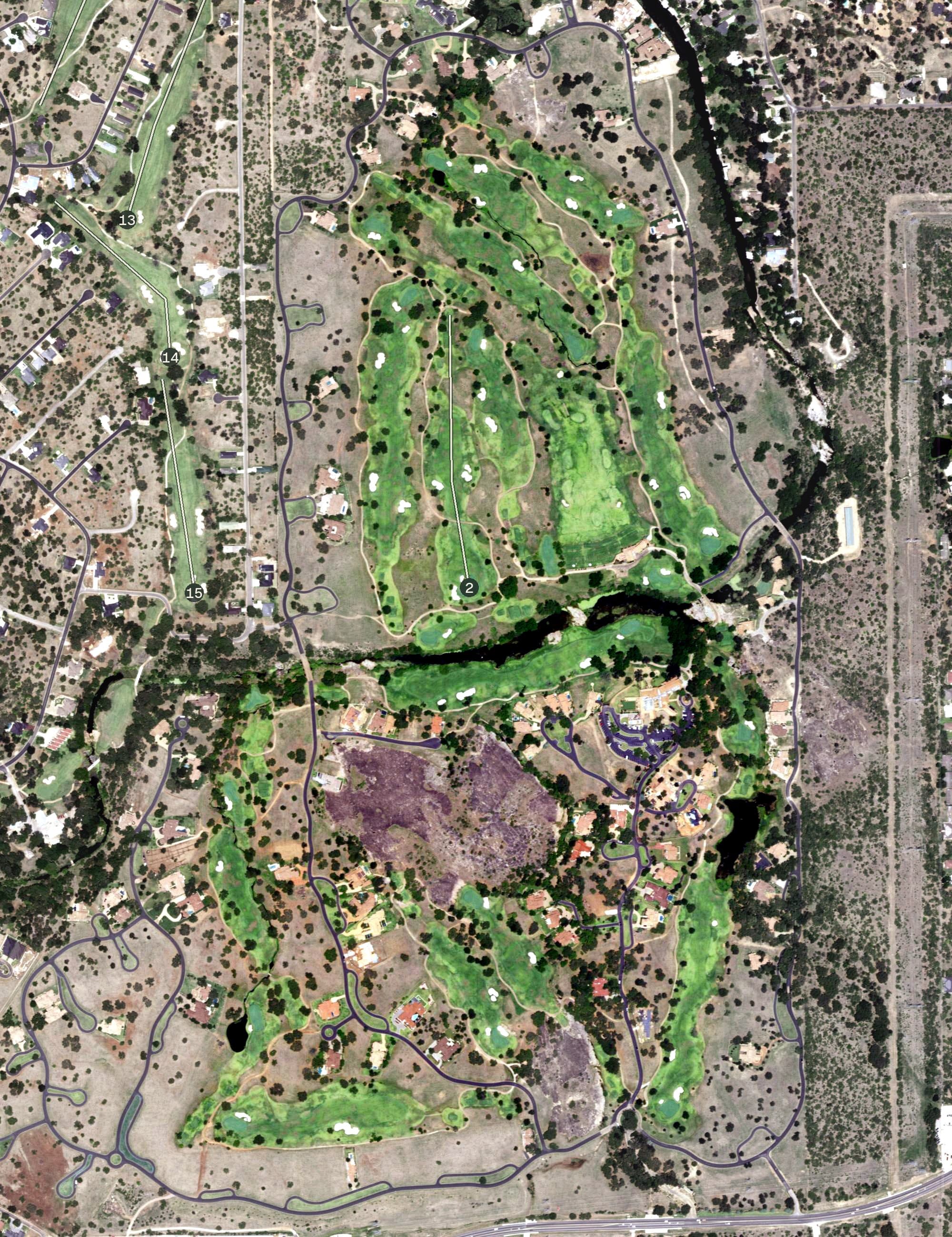 Aerial view of Escondido Golf & Lake Club, TX, with its hole routing marked