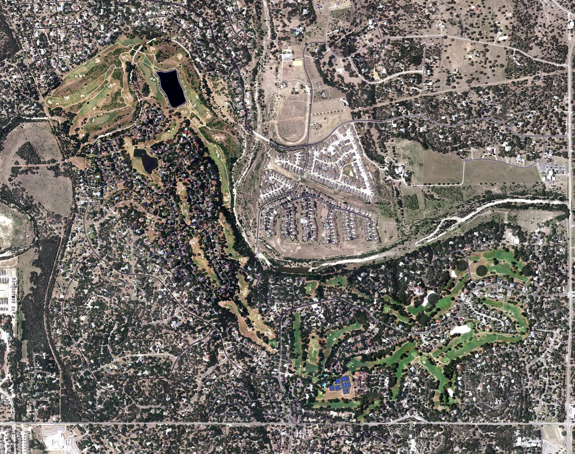 Aerial view of Fair Oaks Country Club, TX, with its hole routing marked