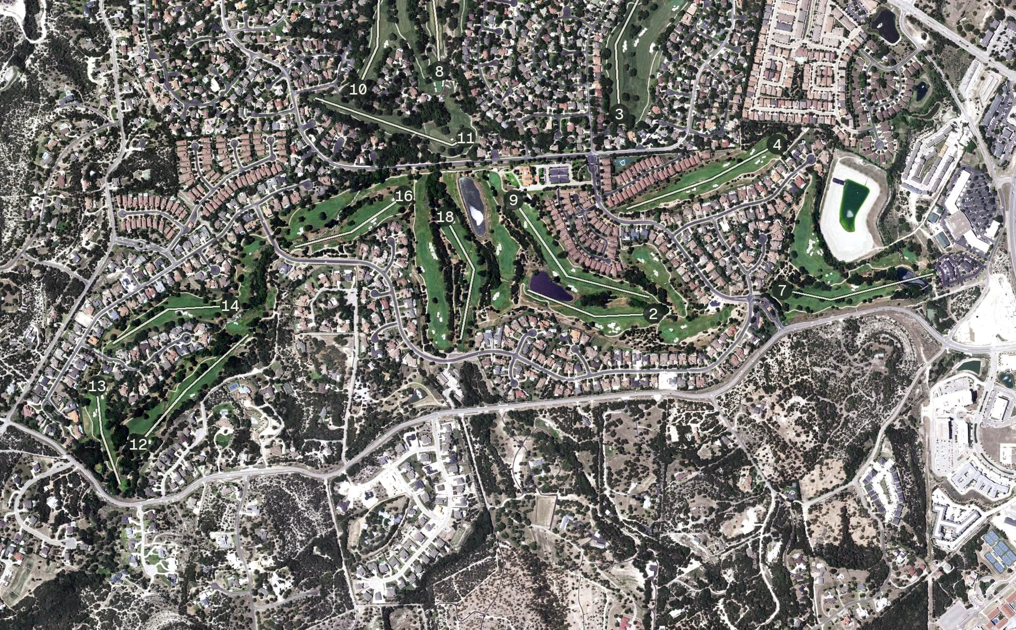 Aerial view of Flintrock Falls Country Club, TX, with its hole routing marked