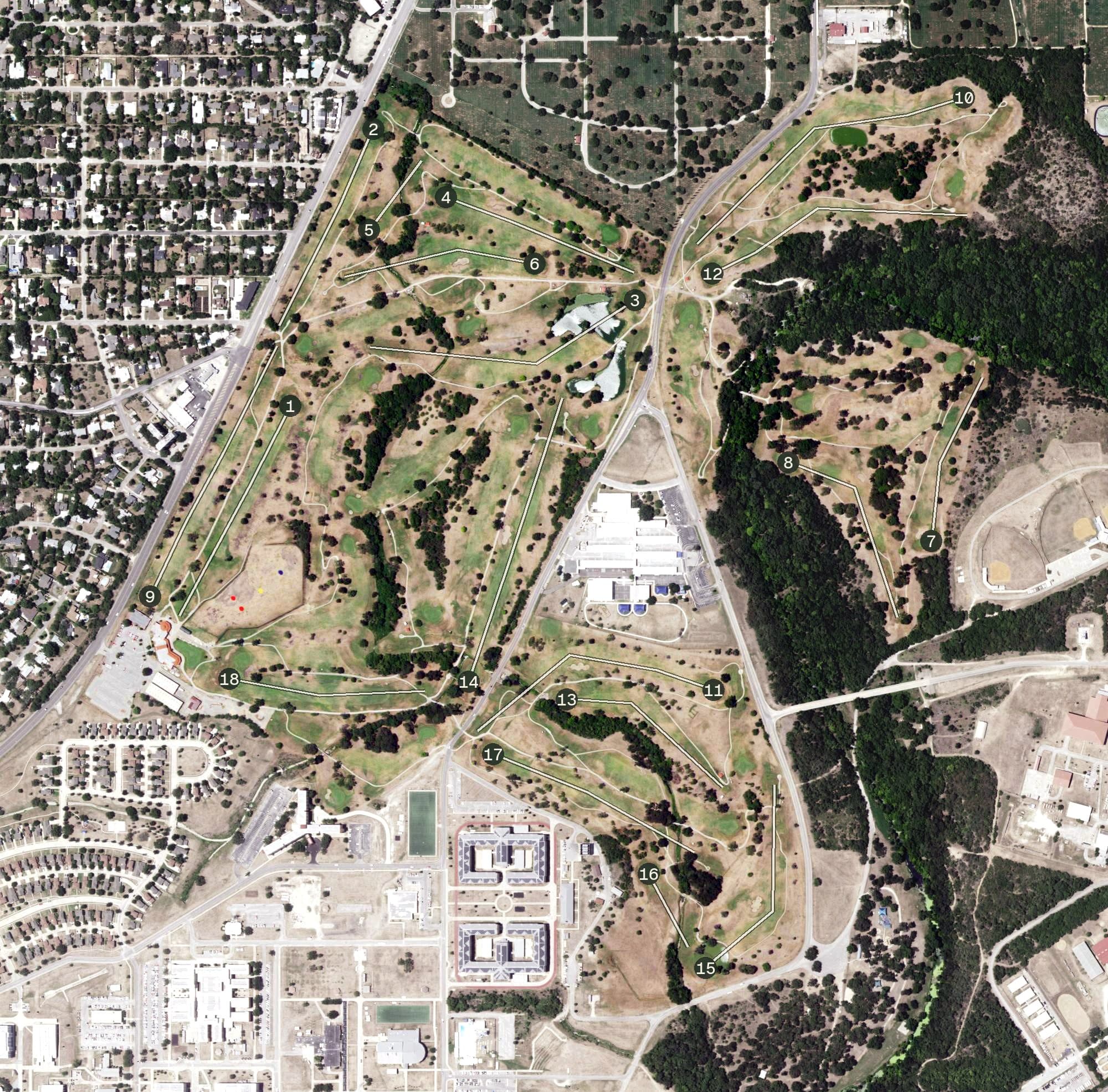 Aerial view of Fort Sam Houston Golf Course, TX, with its hole routing marked