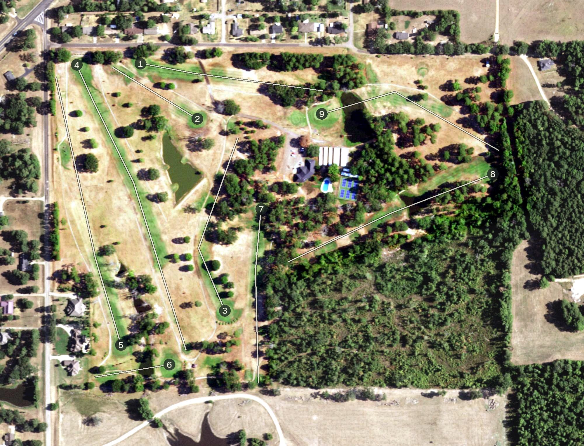 Aerial view of Gilmer Country Club, TX, with its hole routing marked