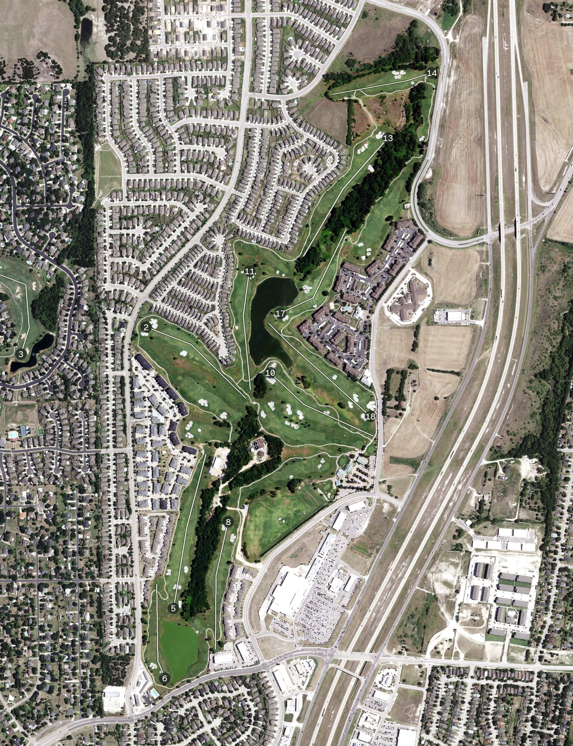 Aerial view of Golf Club at Star Ranch, TX, with its hole routing marked