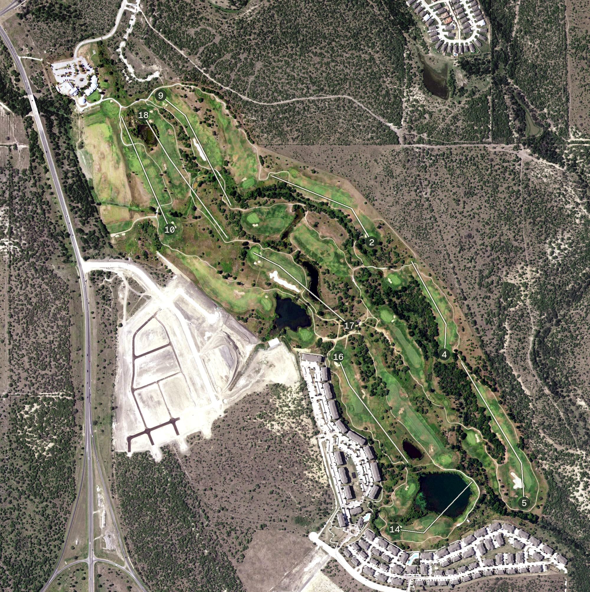 Aerial view of Golf Club of Texas, TX, with its hole routing marked