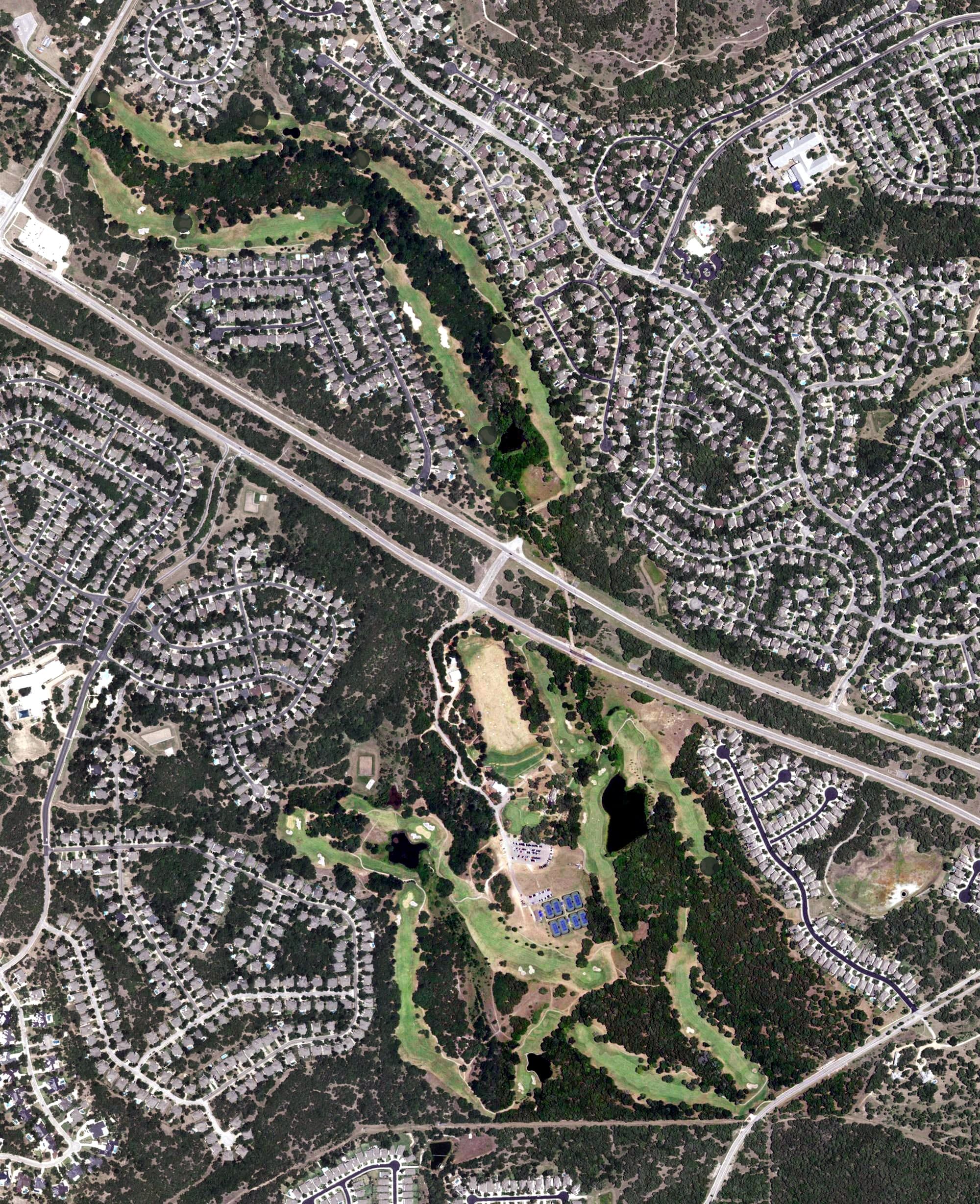 Aerial view of Grey Rock Golf Course, TX, with its hole routing marked