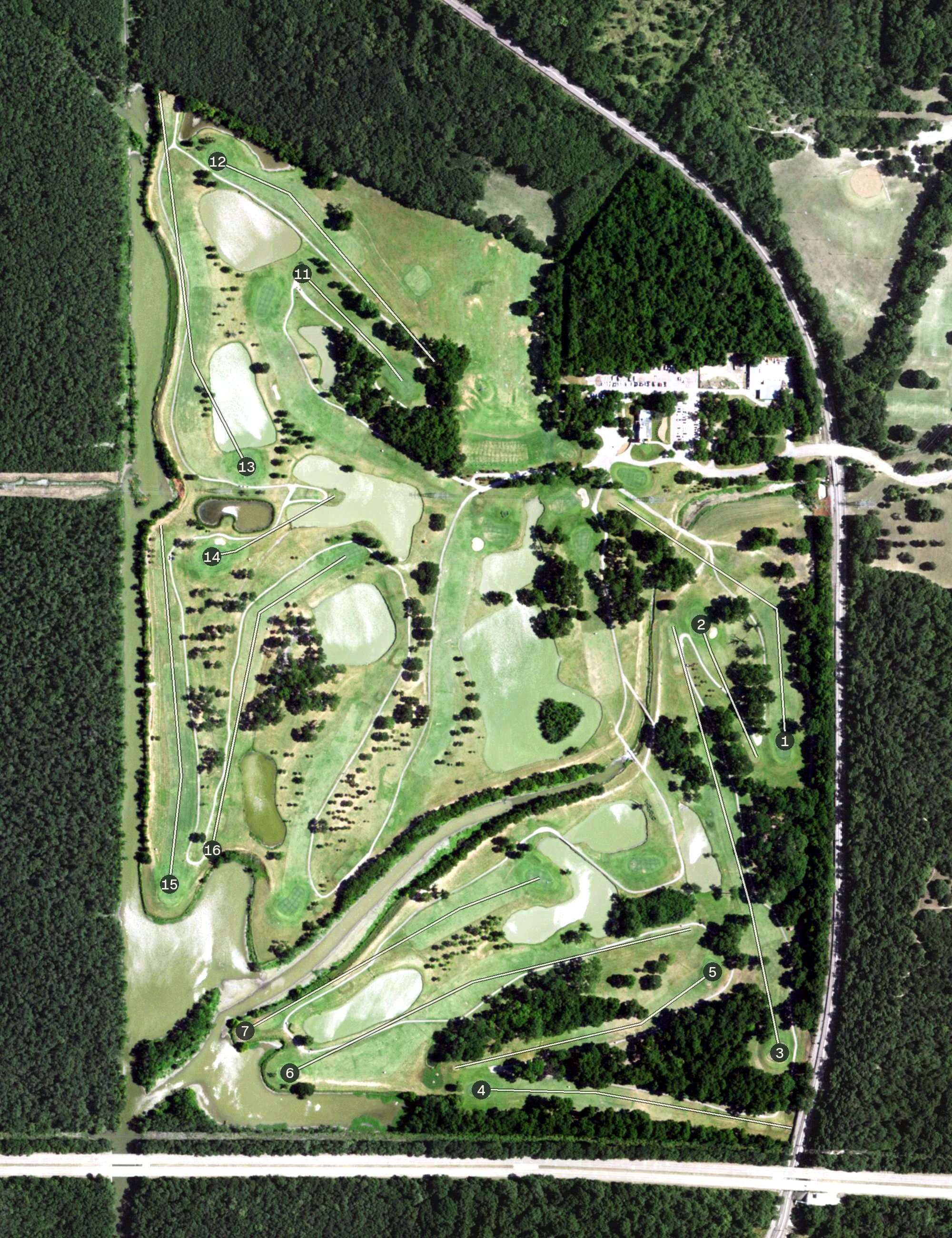 Aerial view of Grover C. Keaton Golf Course, TX, with its hole routing marked
