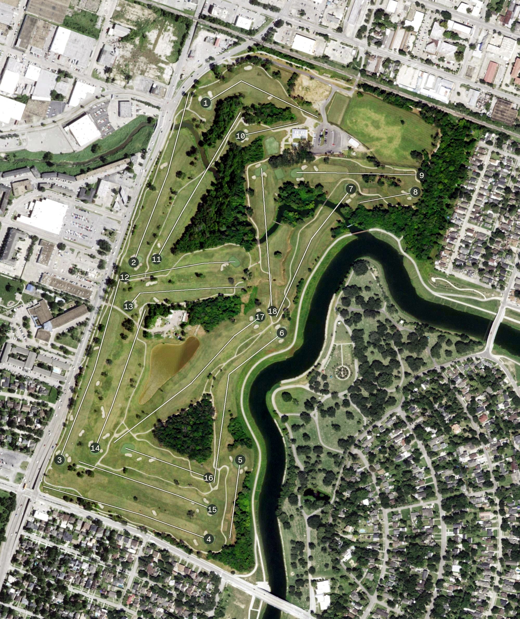 Aerial view of Gus Wortham Golf Course, TX, with its hole routing marked