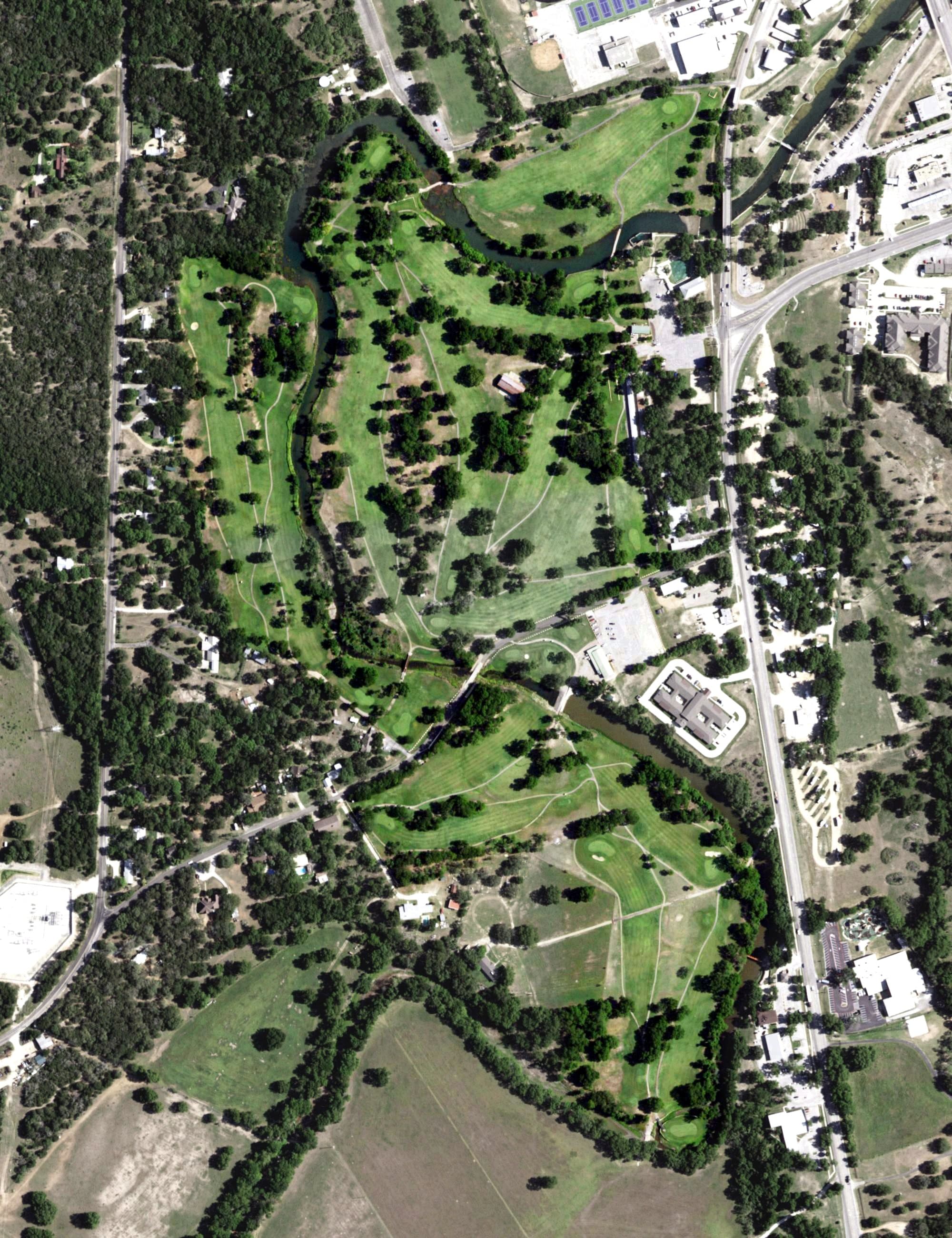 Aerial view of Hancock Golf Course, TX, with its hole routing marked