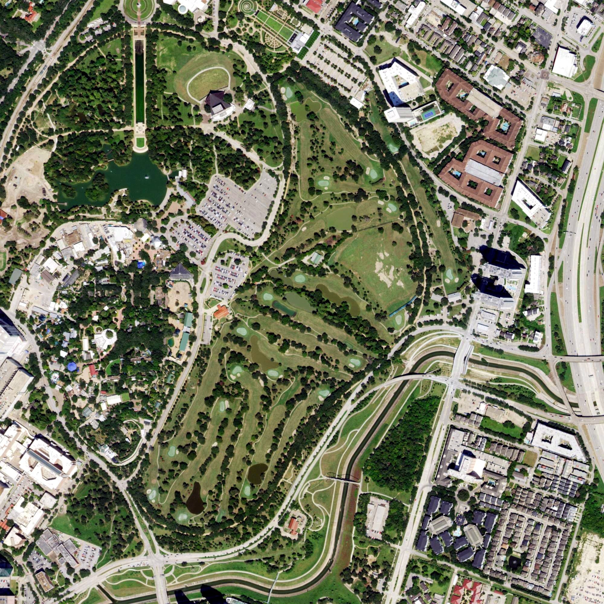 Aerial view of Hermann Park Golf Course, TX, with its hole routing marked