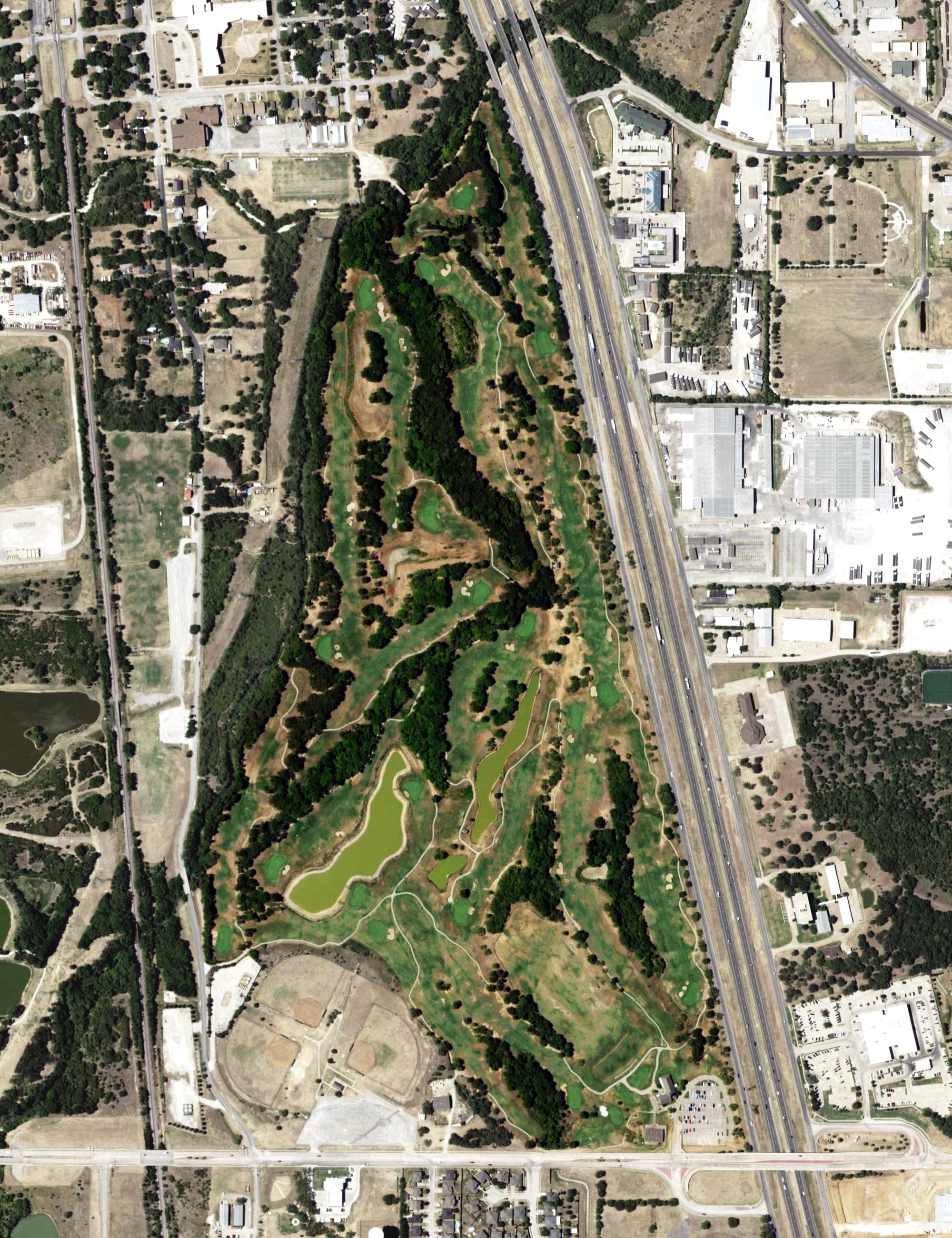Aerial view of Hidden Creek Golf Course, TX, with its hole routing marked