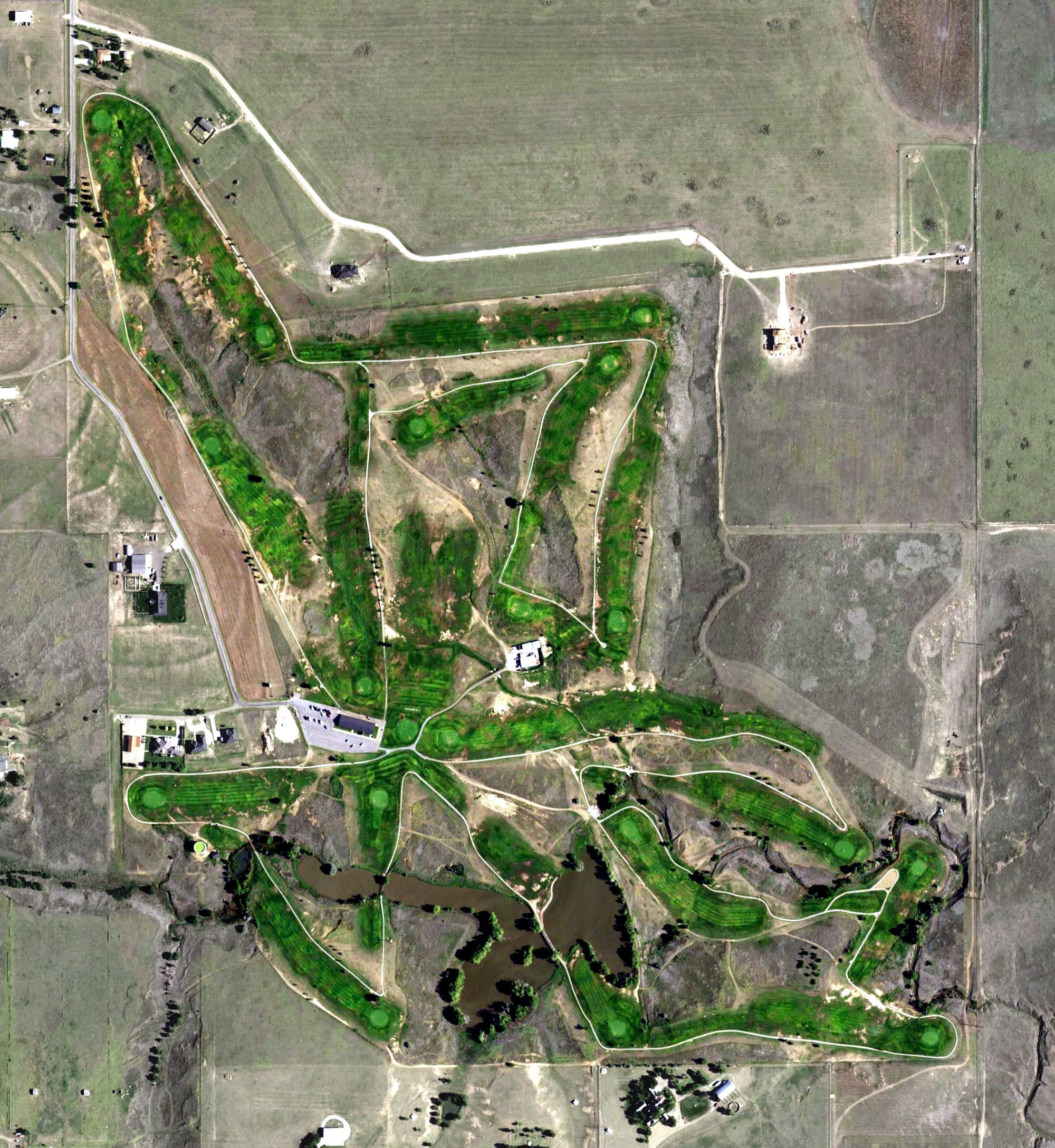 Aerial view of Hidden Hills Golf Course, TX, with its hole routing marked