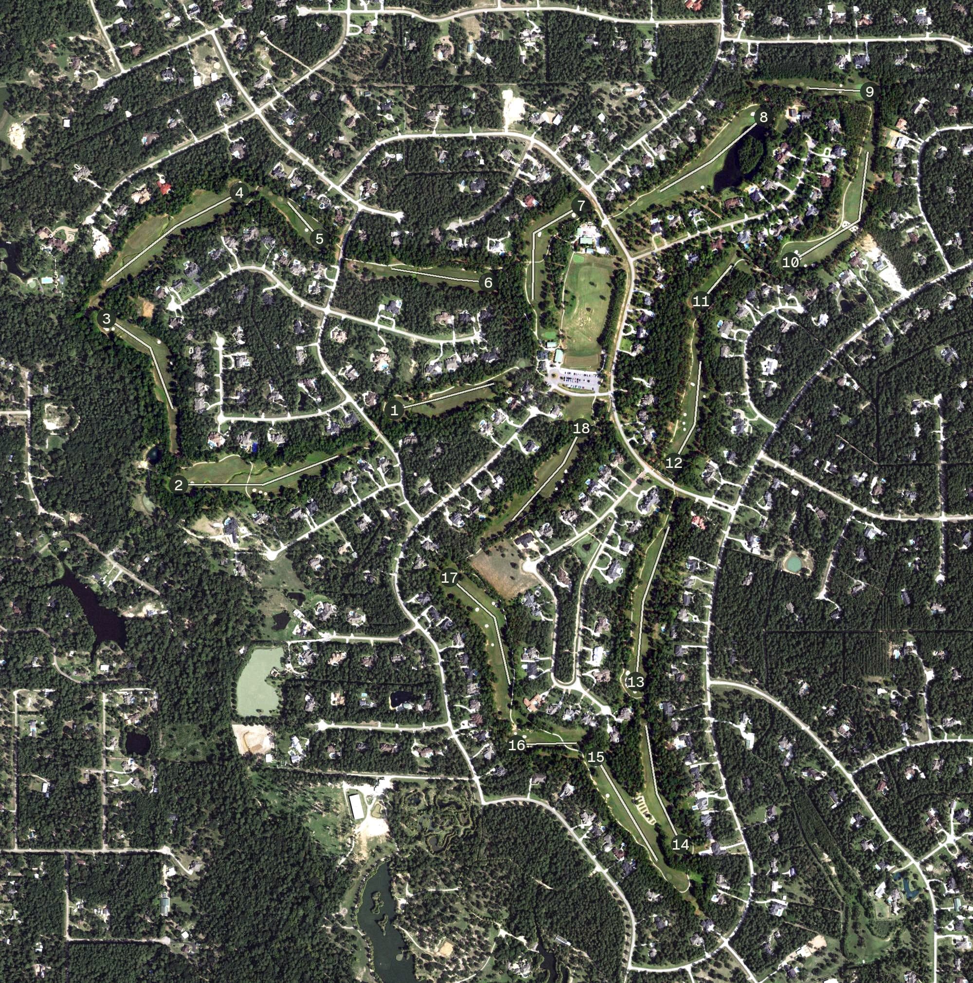 Aerial view of High Meadow Ranch Golf Club, TX, with its hole routing marked