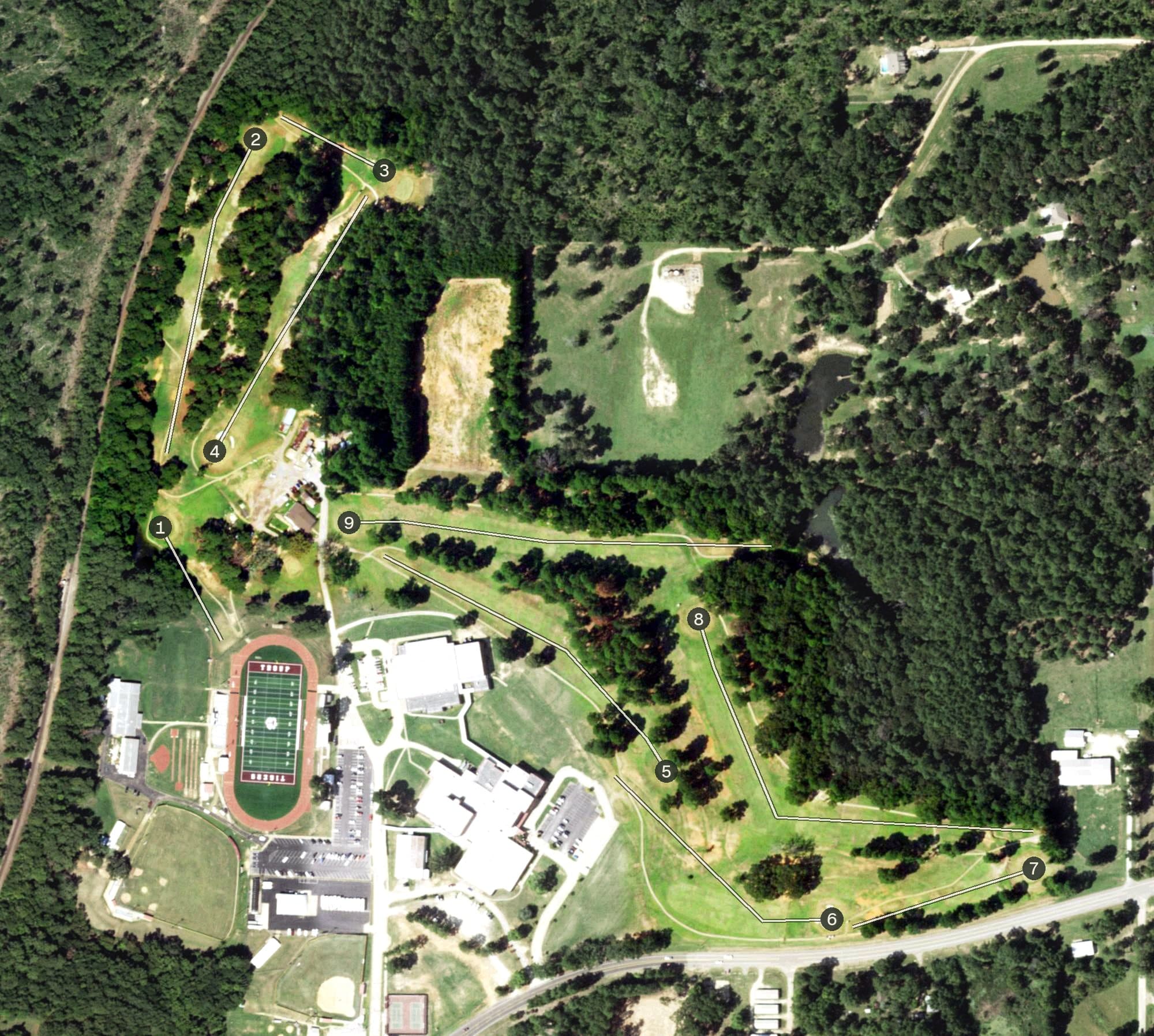 Aerial view of Hilltop Country Club, TX, with its hole routing marked