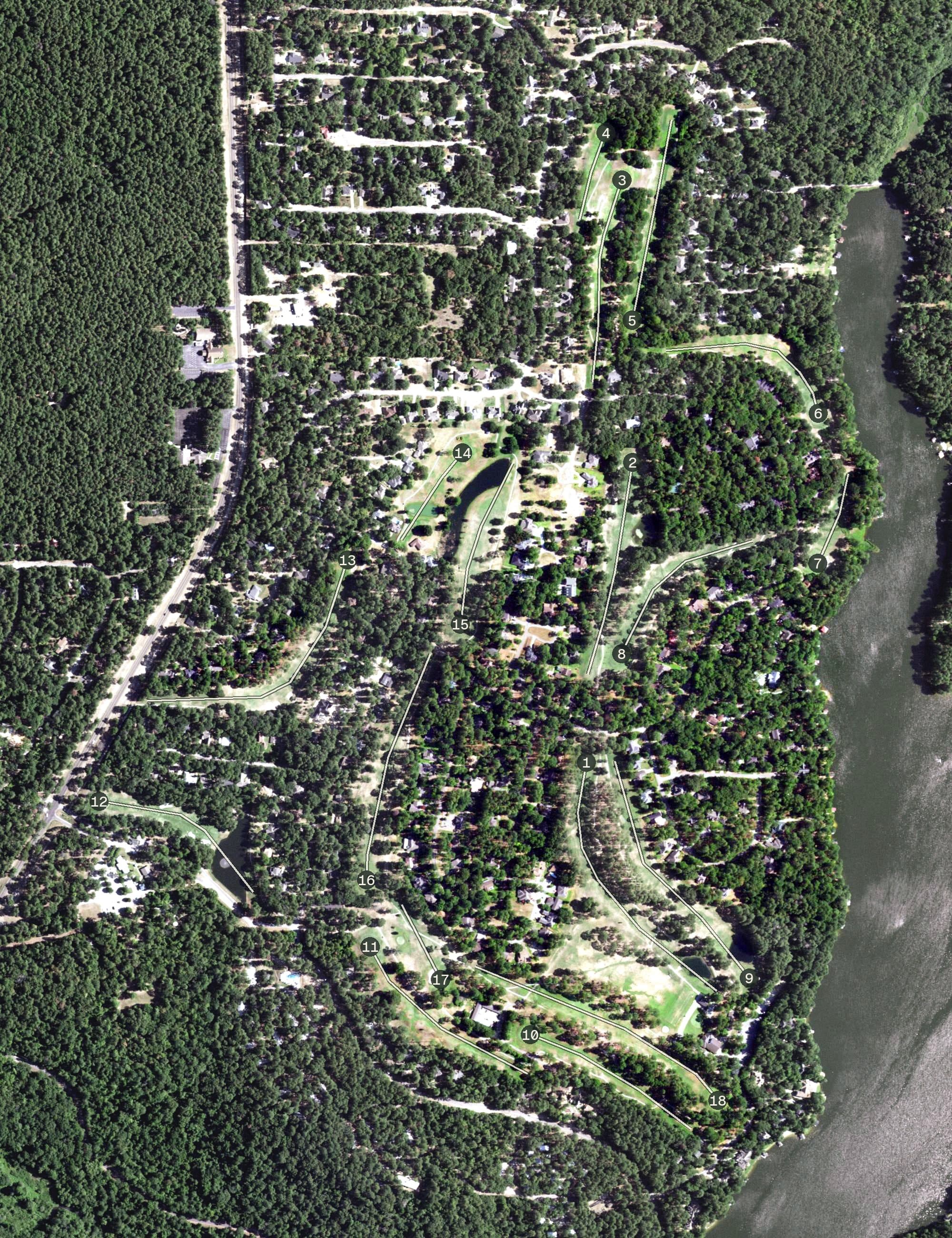 Aerial view of Holly Lake Ranch Golf Club, TX, with its hole routing marked