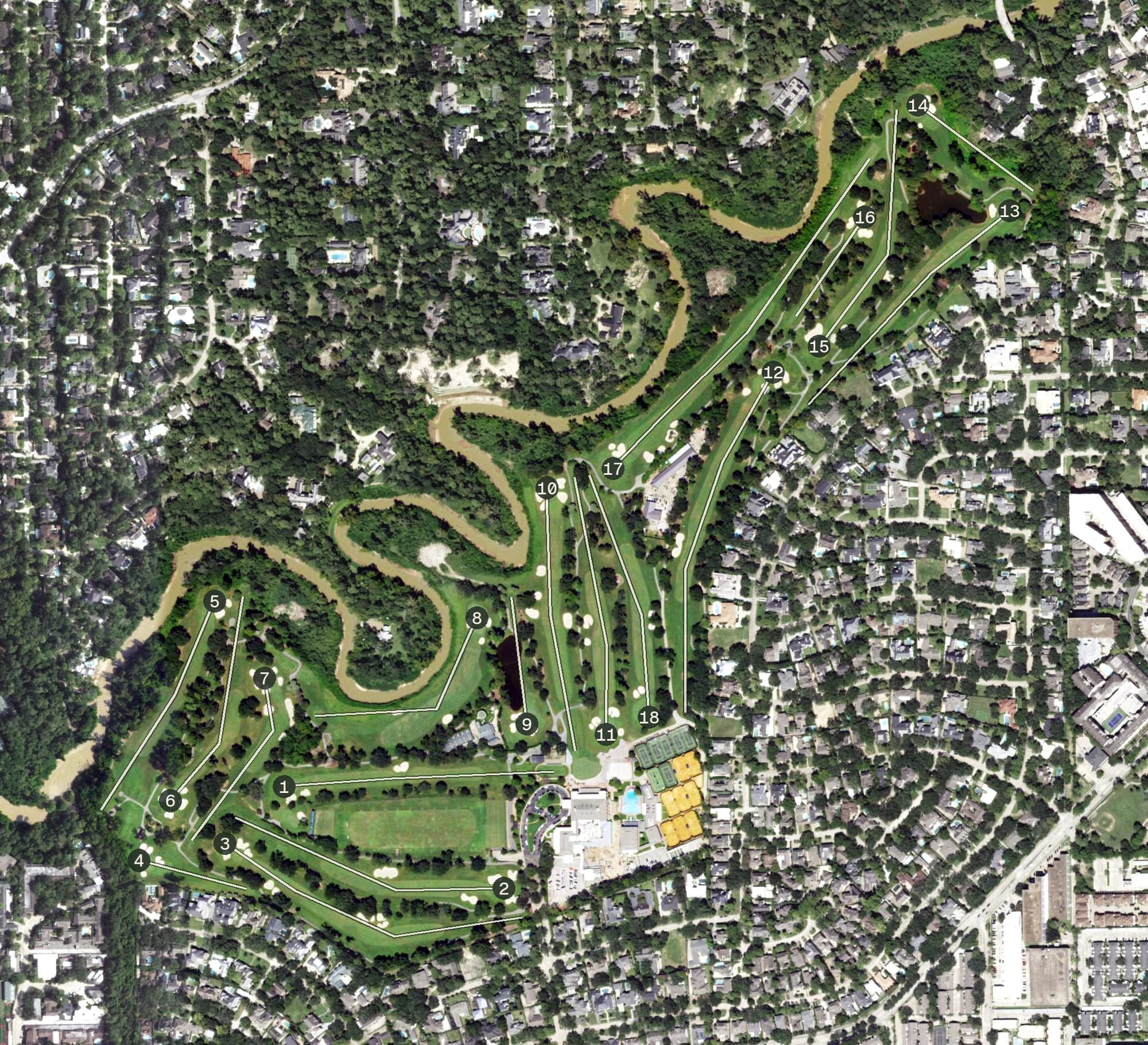 Aerial view of Houston Country Club, TX, with its hole routing marked