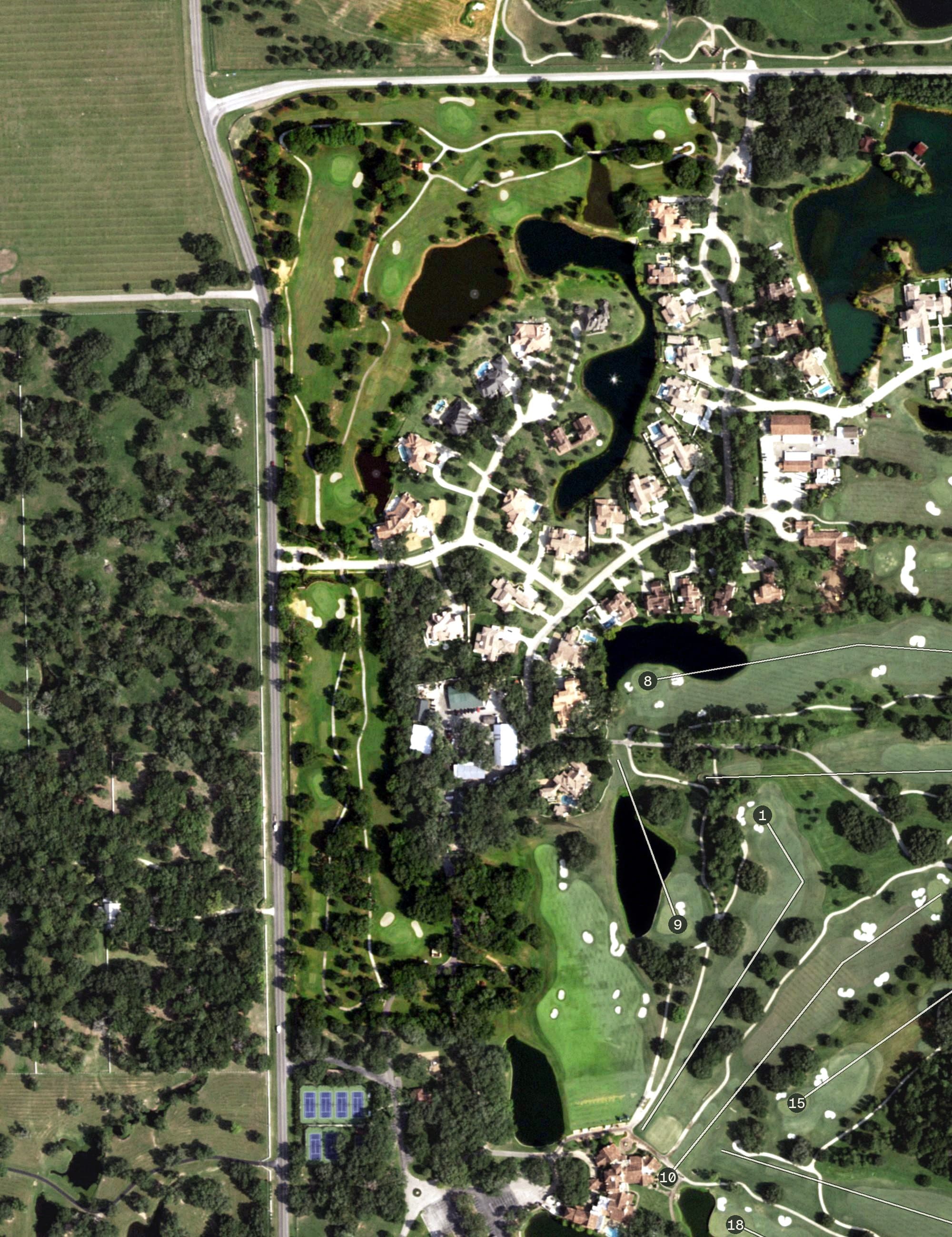 Aerial view of Houston Oaks Country Club - Family Nine, TX, with its hole routing marked